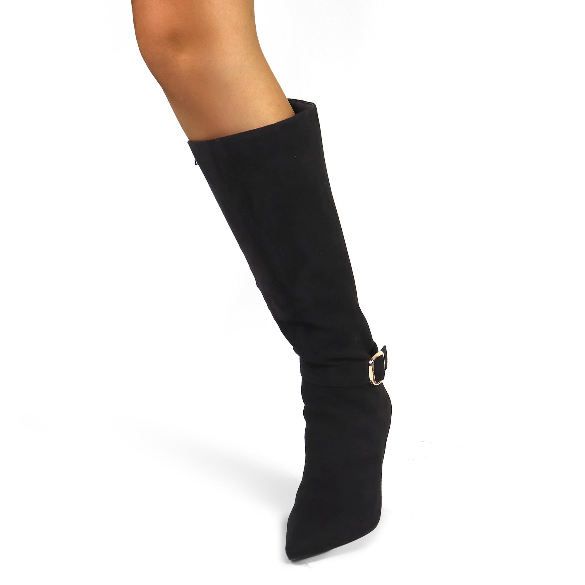 BEXIE-55 POINTED TOE ANKLE BUCKLE KNEE HIGH BOOTS BLACK SUEDE