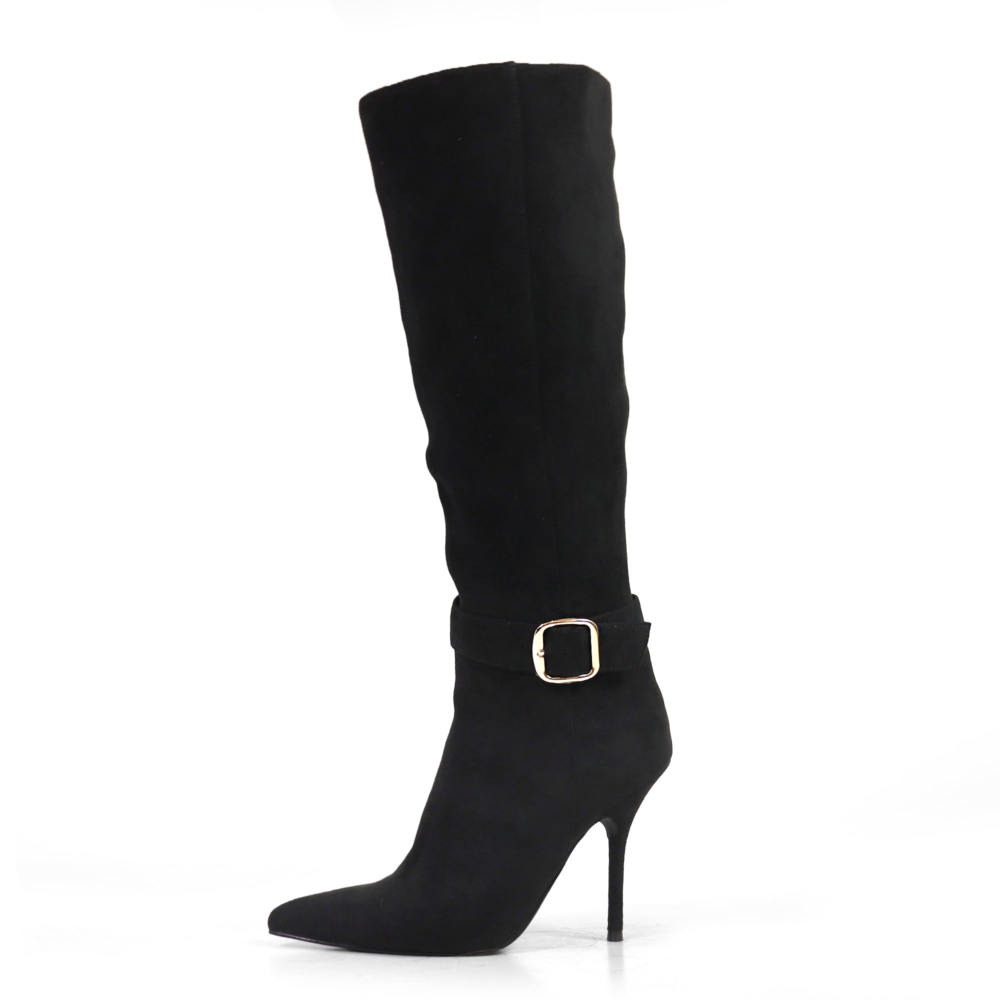 BEXIE-55 POINTED TOE ANKLE BUCKLE KNEE HIGH BOOTS BLACK SUEDE