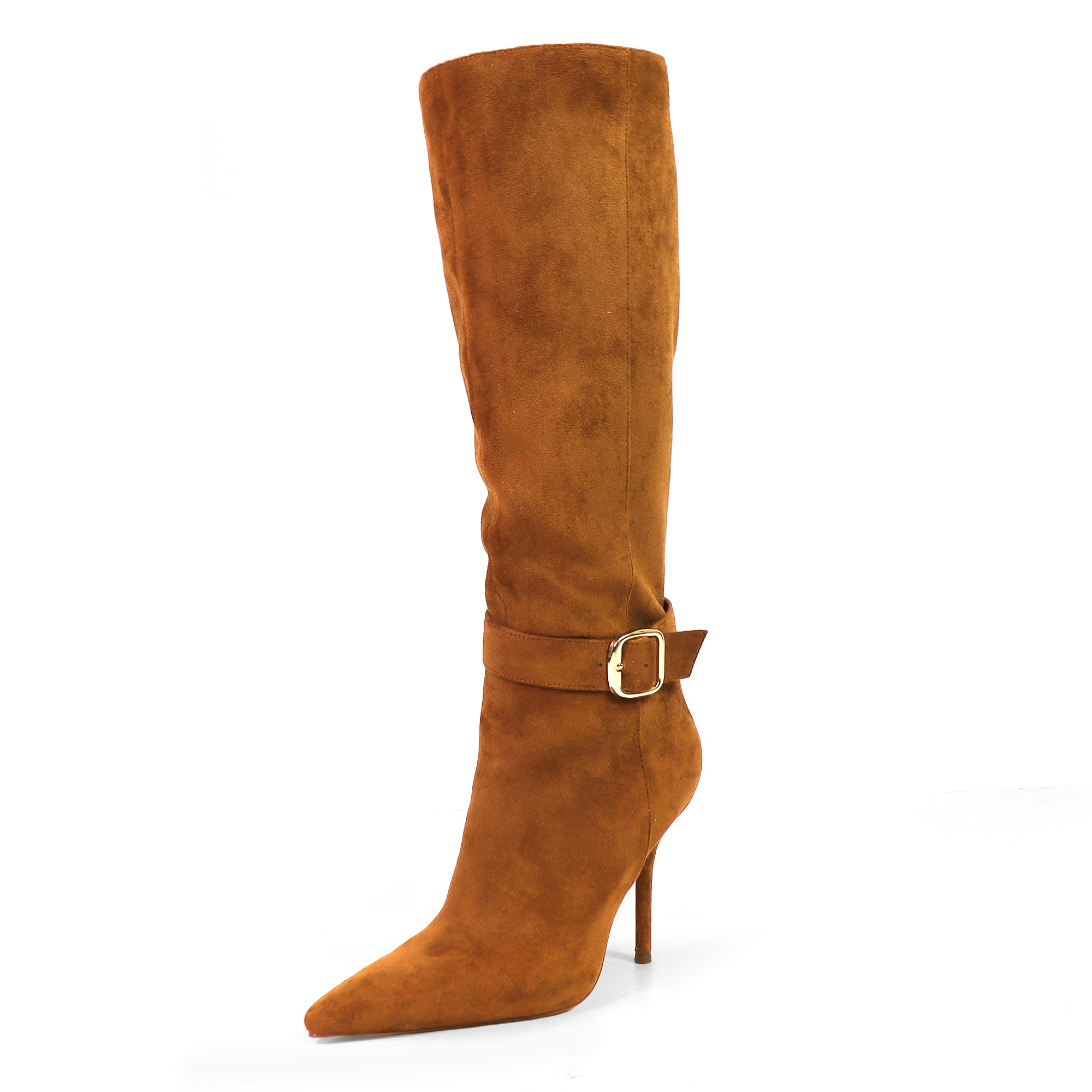 BEXIE-55 POINTED TOE ANKLE BUCKLE KNEE HIGH BOOTS TAN