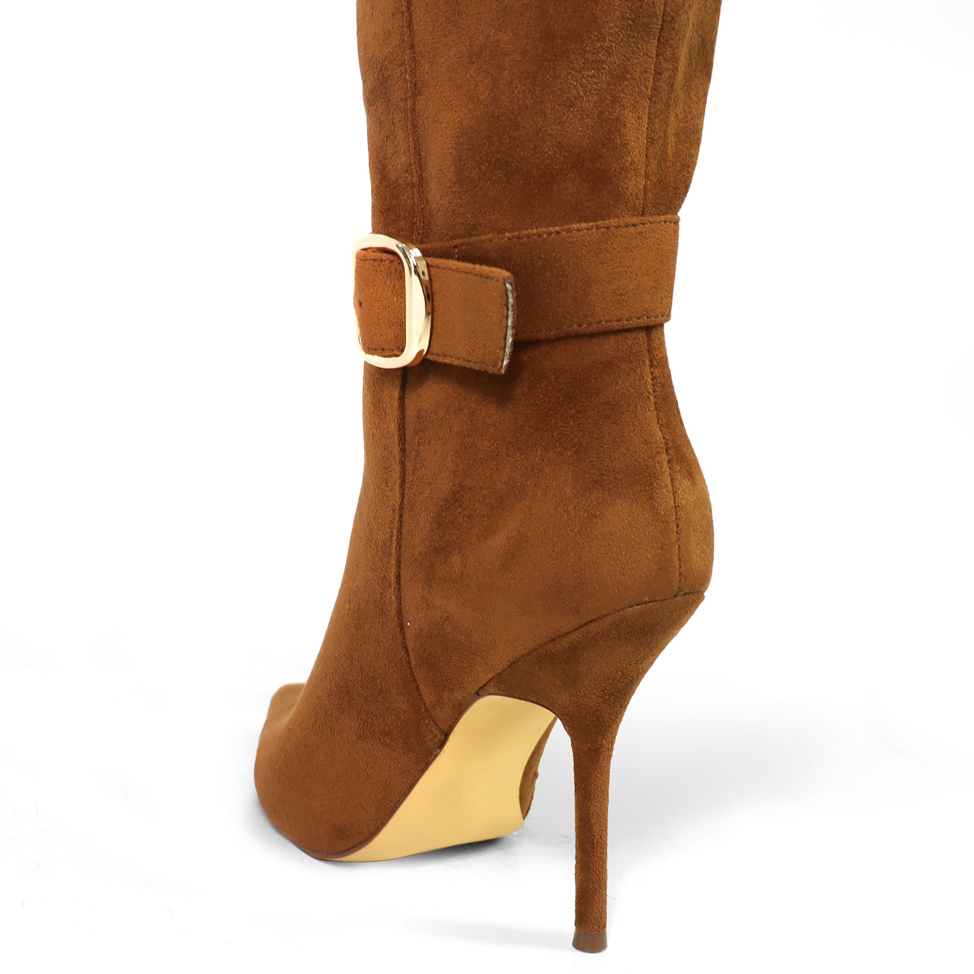 BEXIE-55 POINTED TOE ANKLE BUCKLE KNEE HIGH BOOTS TAN