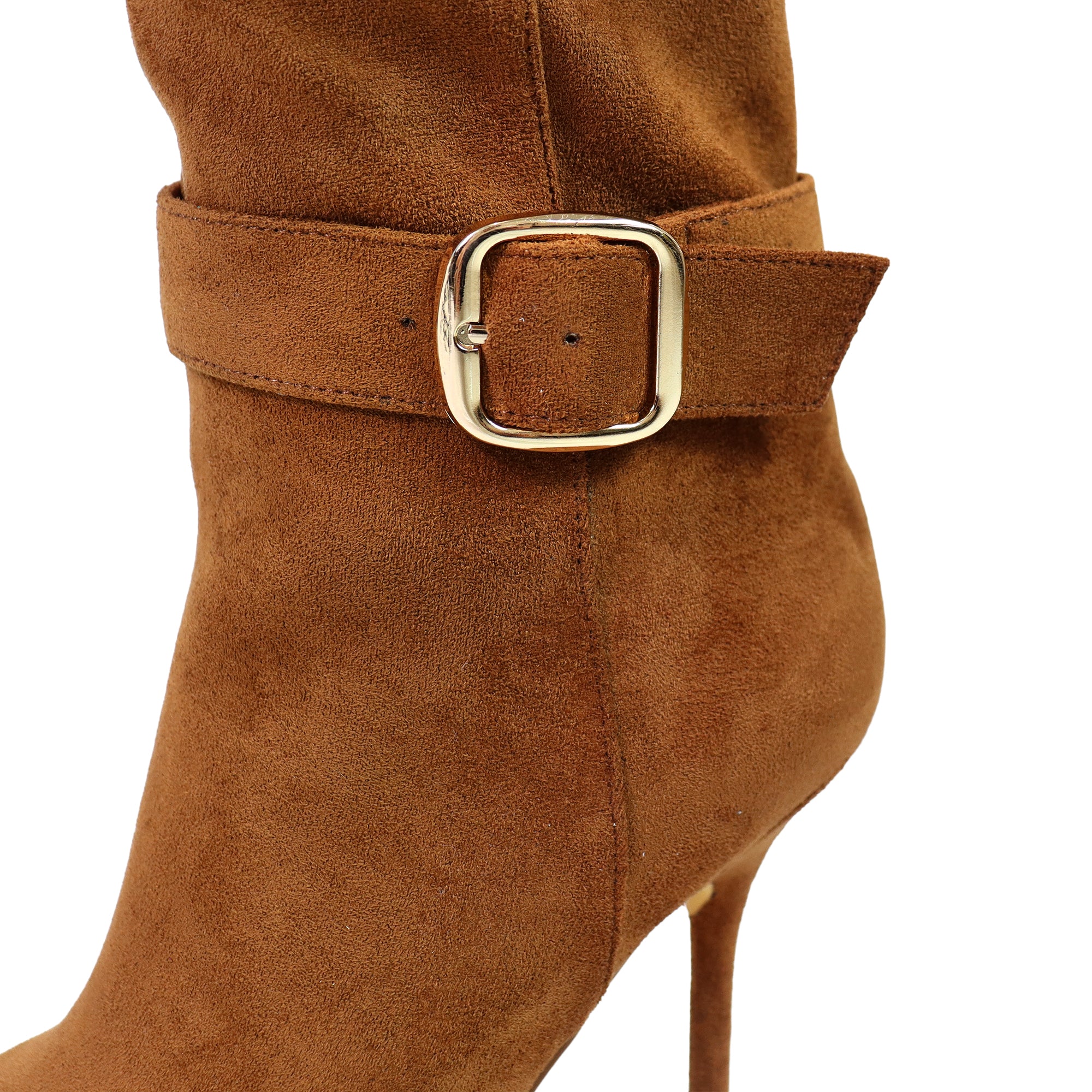 BEXIE-55 POINTED TOE ANKLE BUCKLE KNEE HIGH BOOTS TAN