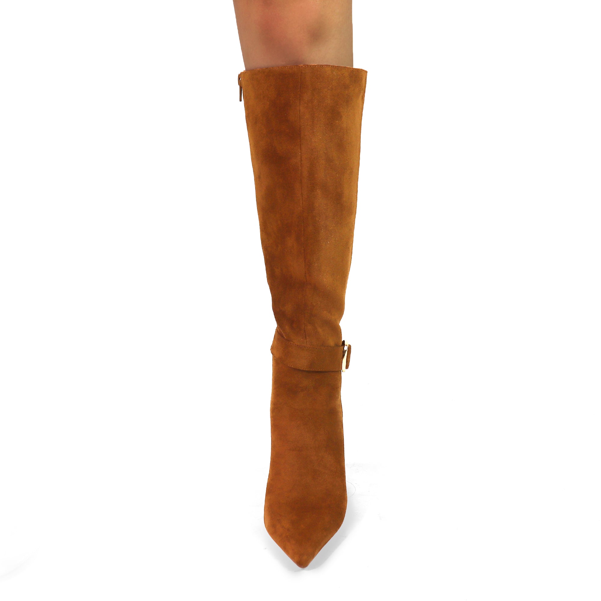 BEXIE-55 POINTED TOE ANKLE BUCKLE KNEE HIGH BOOTS TAN