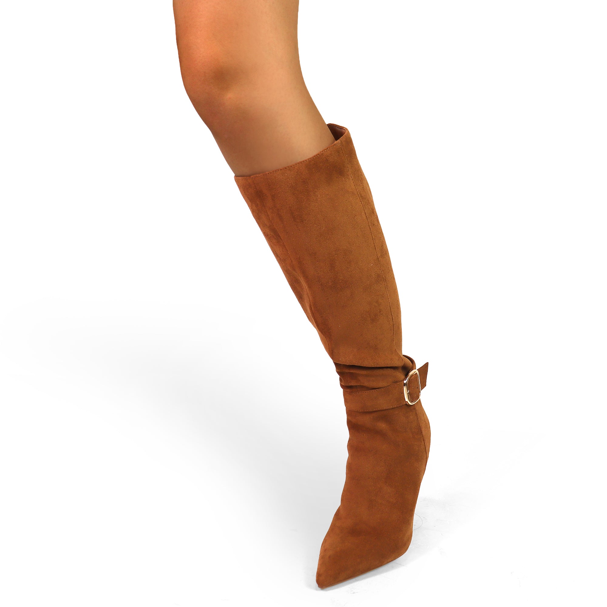BEXIE-55 POINTED TOE ANKLE BUCKLE KNEE HIGH BOOTS TAN