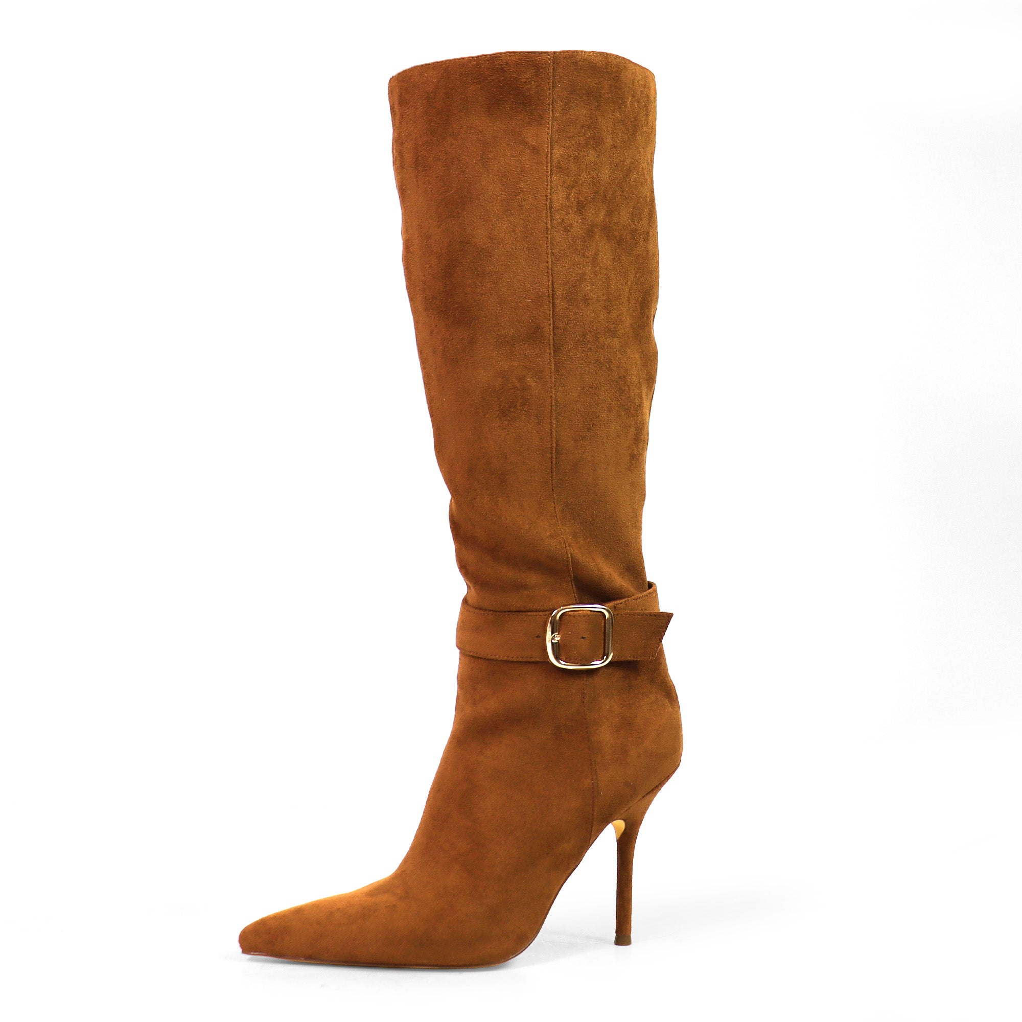 BEXIE-55 POINTED TOE ANKLE BUCKLE KNEE HIGH BOOTS TAN