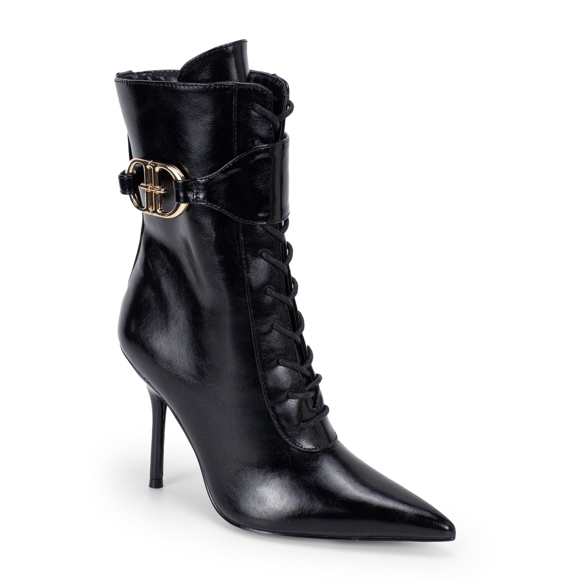 BEXIE-65 POINTED TOE  BELT LACE UP BOOTIE W HEEL BLACK