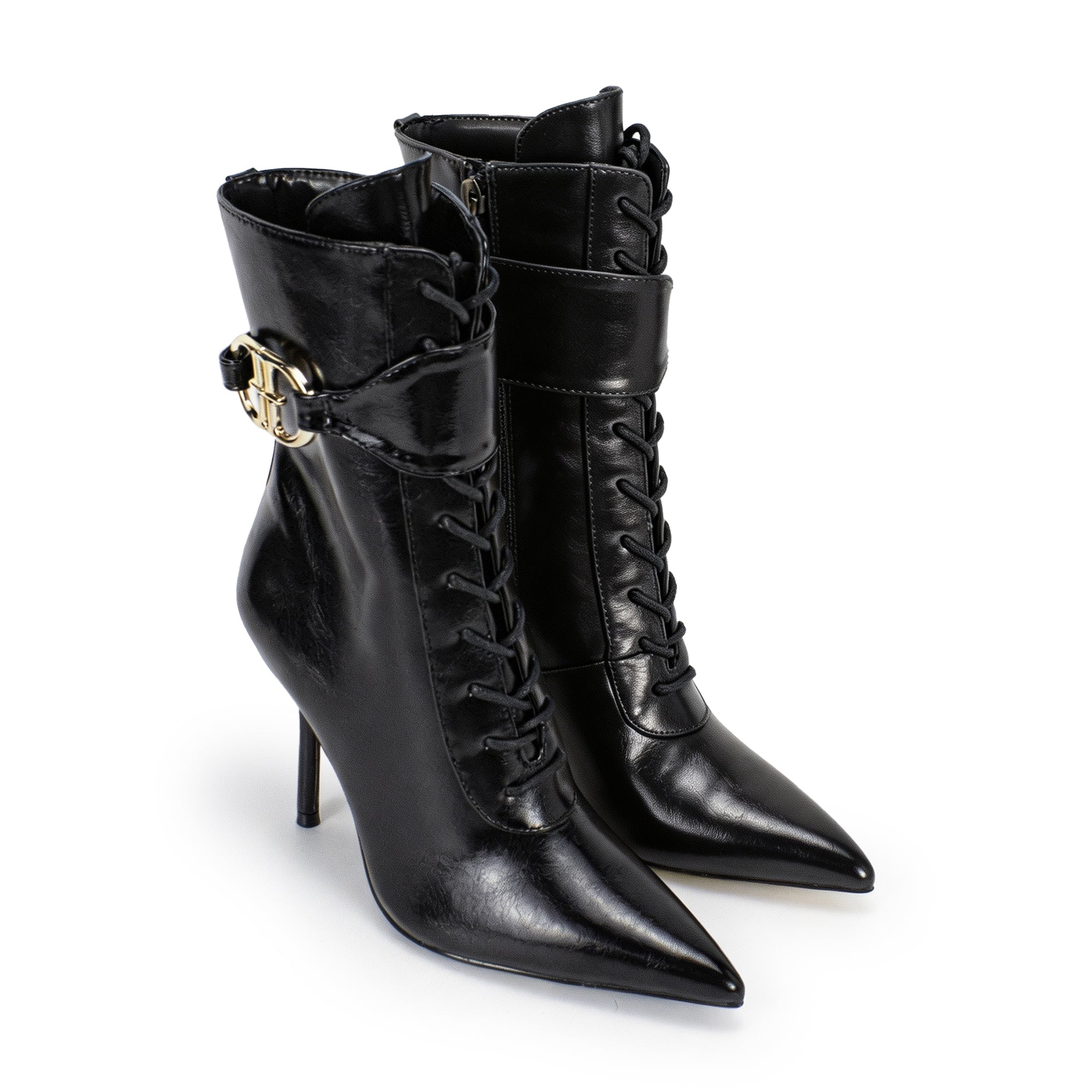 BEXIE-65 POINTED TOE  BELT LACE UP BOOTIE W HEEL BLACK