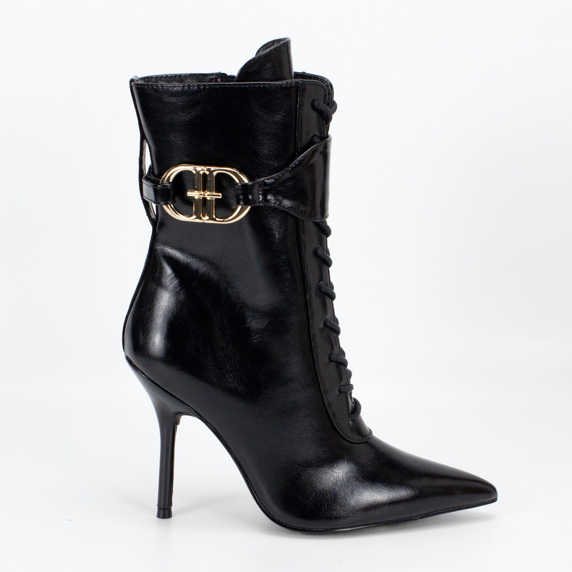BEXIE-65 POINTED TOE  BELT LACE UP BOOTIE W HEEL BLACK