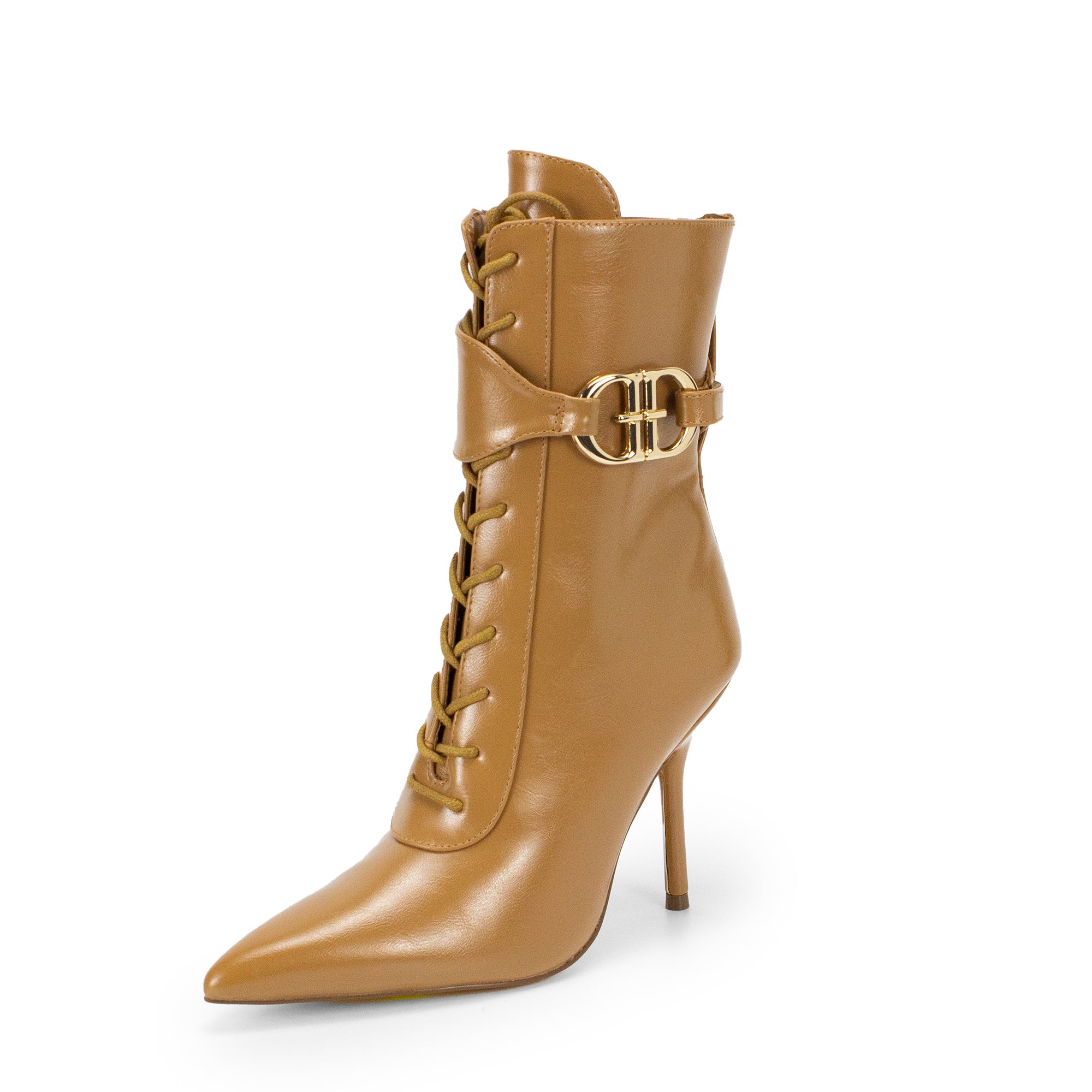 BEXIE-65 POINTED TOE  BELT LACE UP BOOTIE W HEEL HONEY