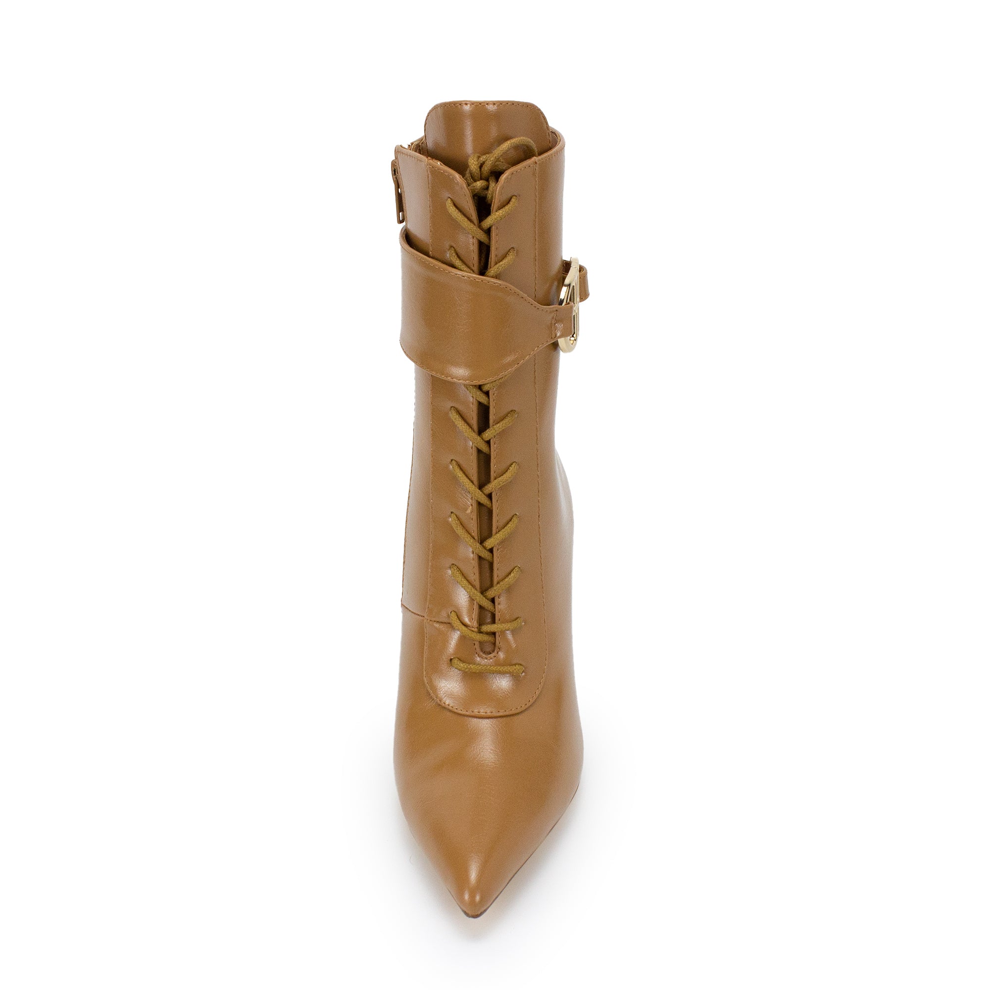 BEXIE-65 POINTED TOE  BELT LACE UP BOOTIE W HEEL HONEY