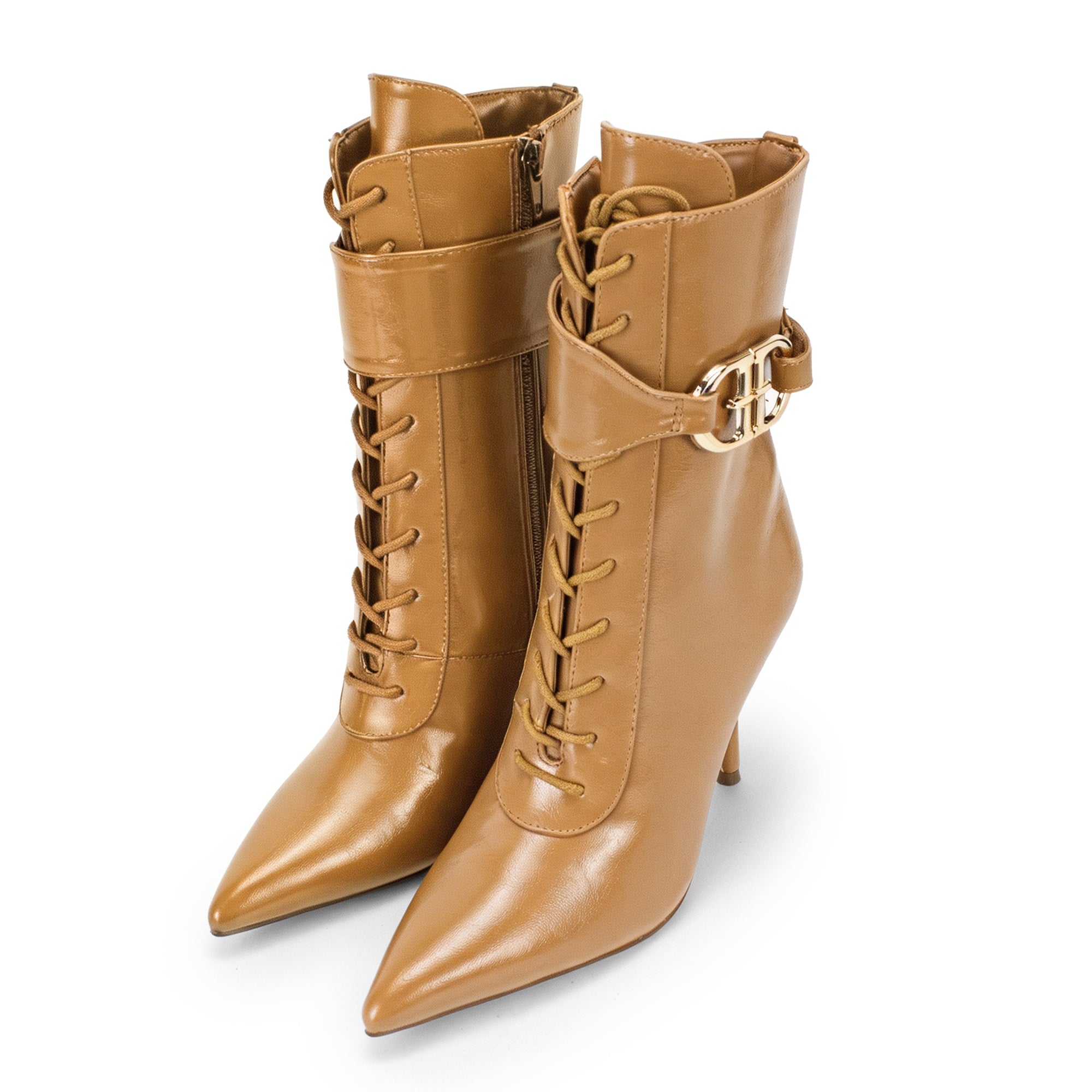 BEXIE-65 POINTED TOE  BELT LACE UP BOOTIE W HEEL HONEY