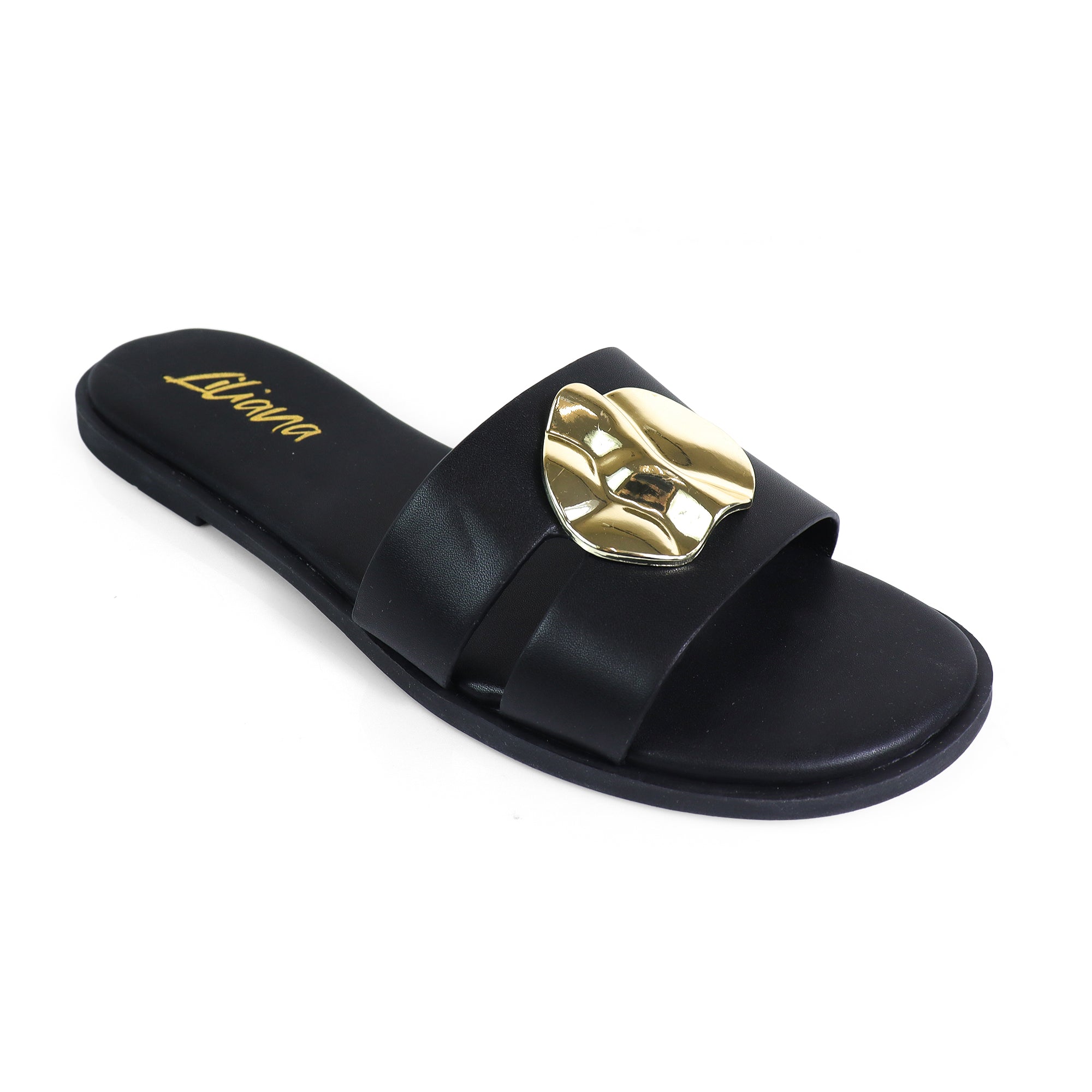 BICKLEY-30 METAL DETAILS OPEN TOE SLIDES BLACK