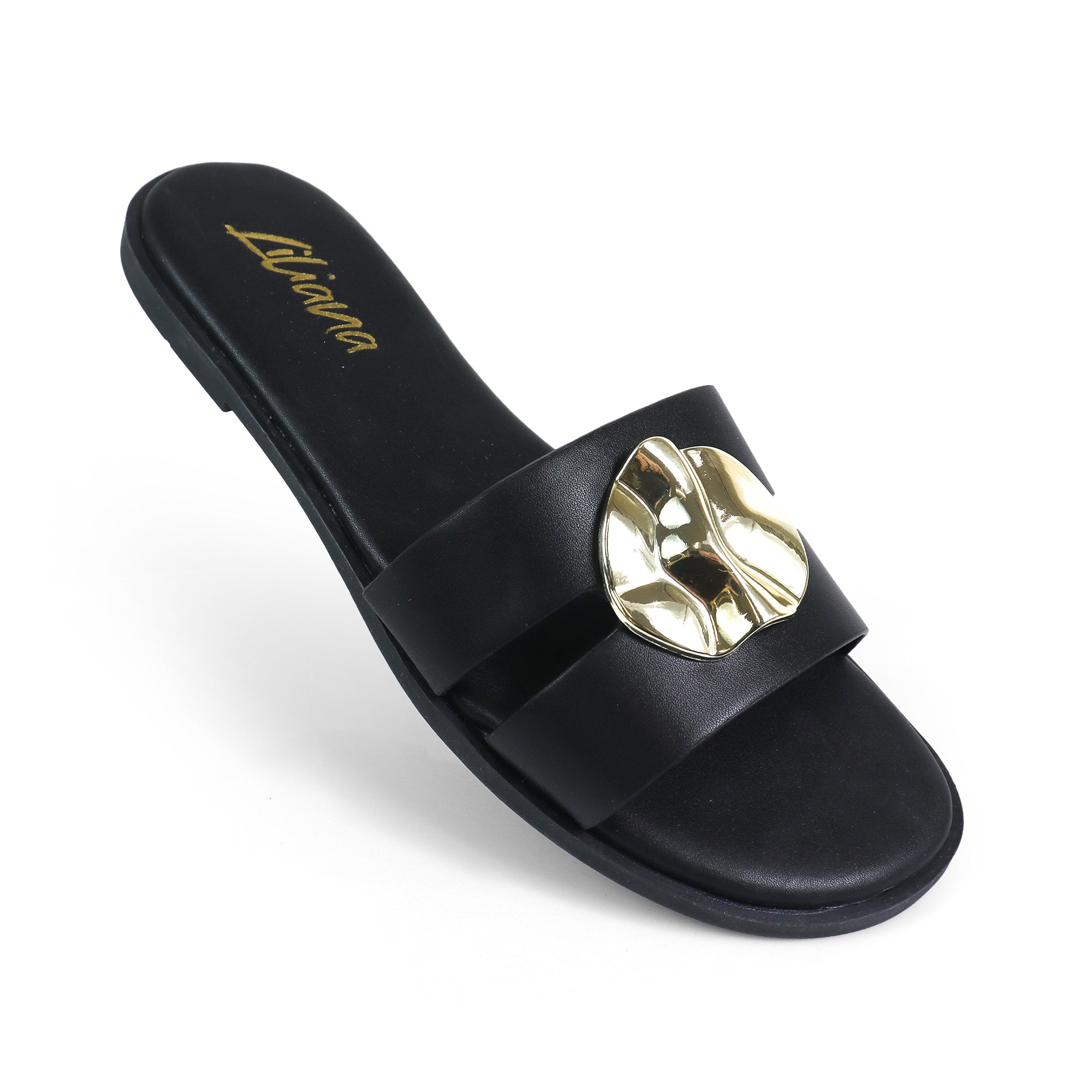 BICKLEY-30 METAL DETAILS OPEN TOE SLIDES BLACK