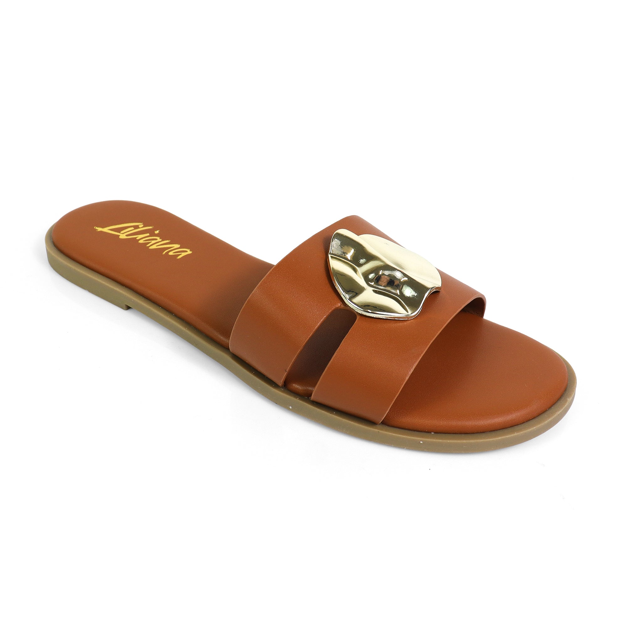 BICKLEY-30 METAL DETAILS OPEN TOE SLIDES TAN