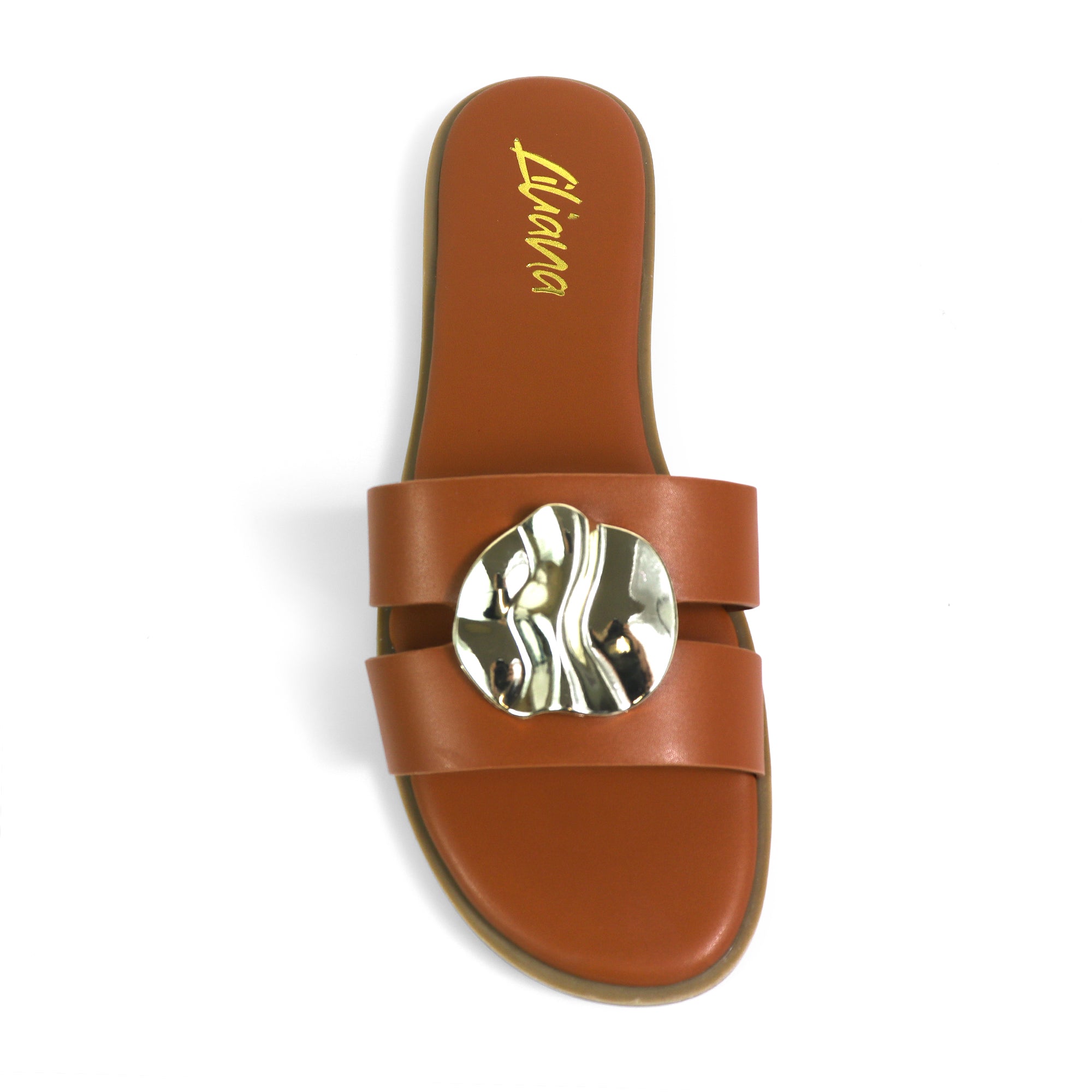 BICKLEY-30 METAL DETAILS OPEN TOE SLIDES TAN