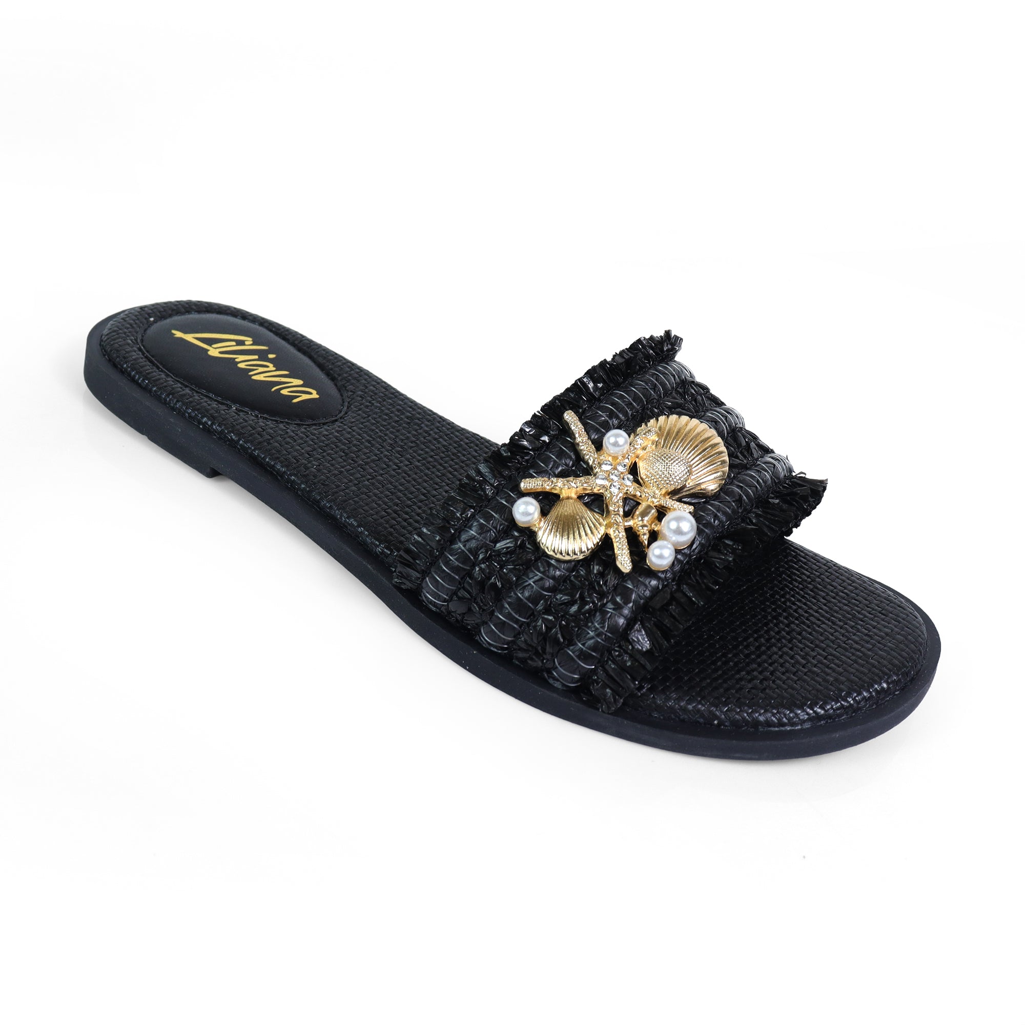 BICKLEY-31  SEA STAR PEARL OPEN TOE SLIDES BLACK