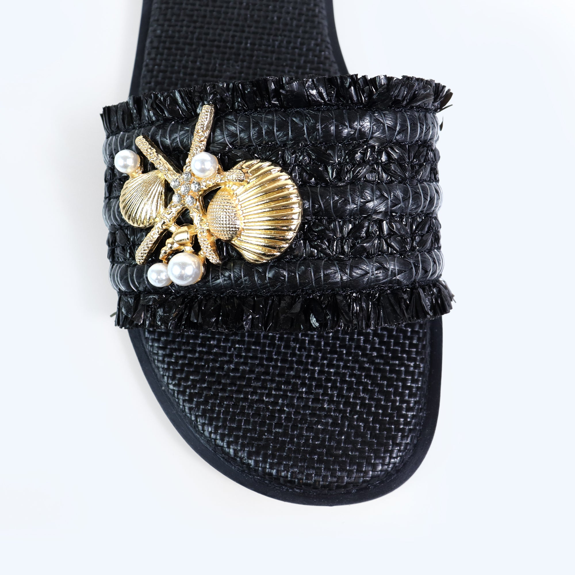 BICKLEY-31  SEA STAR PEARL OPEN TOE SLIDES BLACK