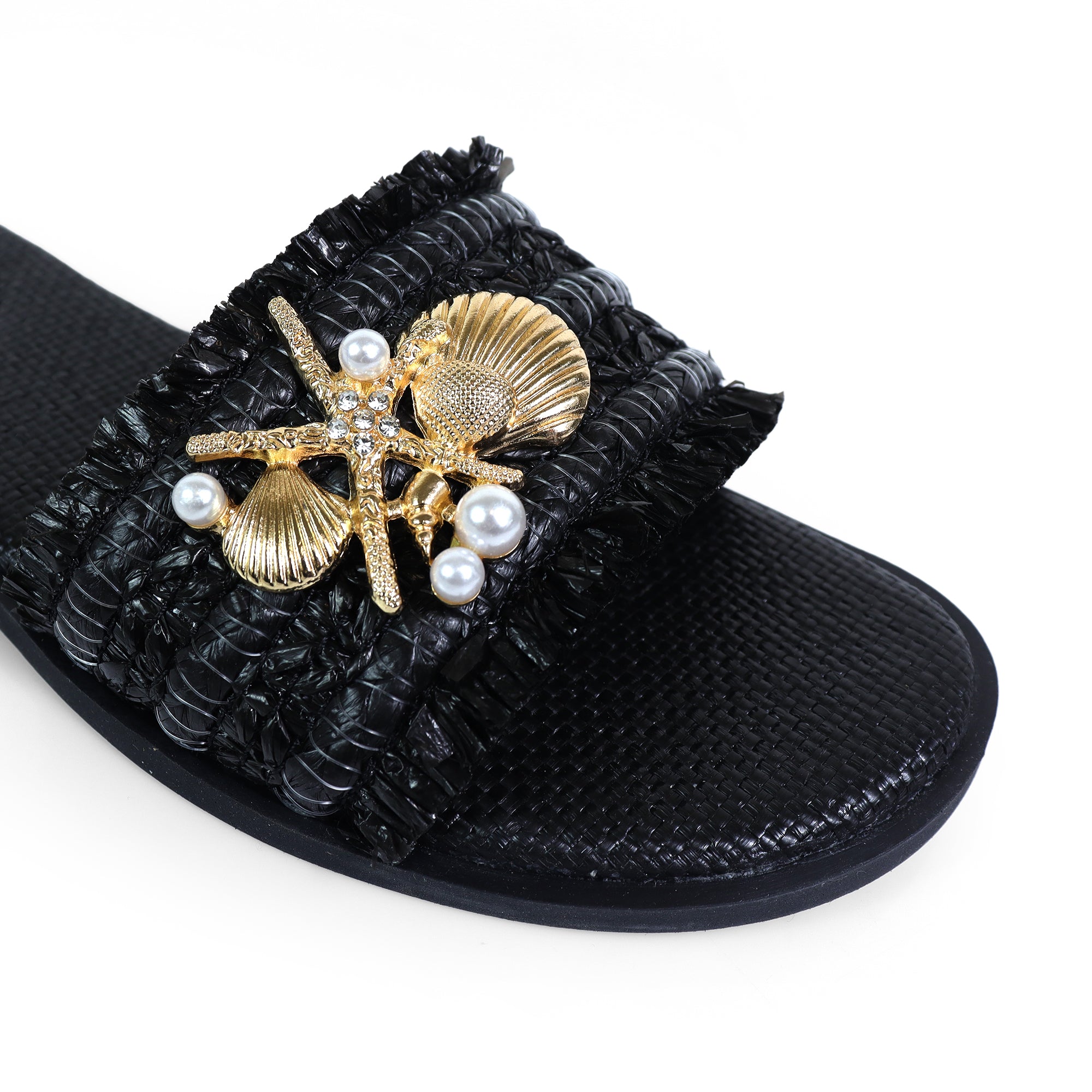 BICKLEY-31  SEA STAR PEARL OPEN TOE SLIDES BLACK