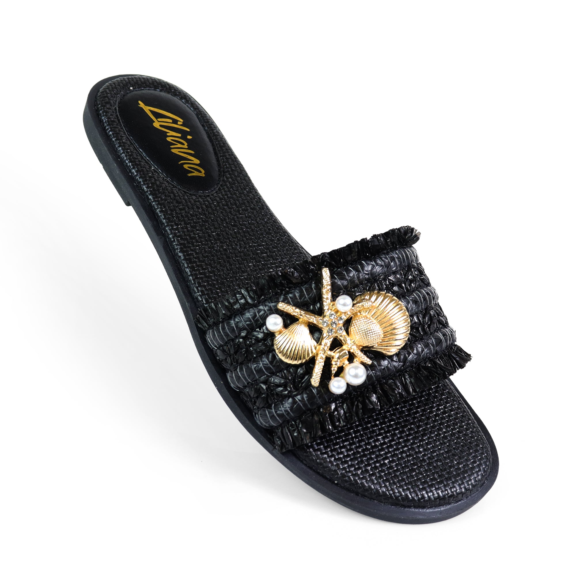 BICKLEY-31  SEA STAR PEARL OPEN TOE SLIDES BLACK