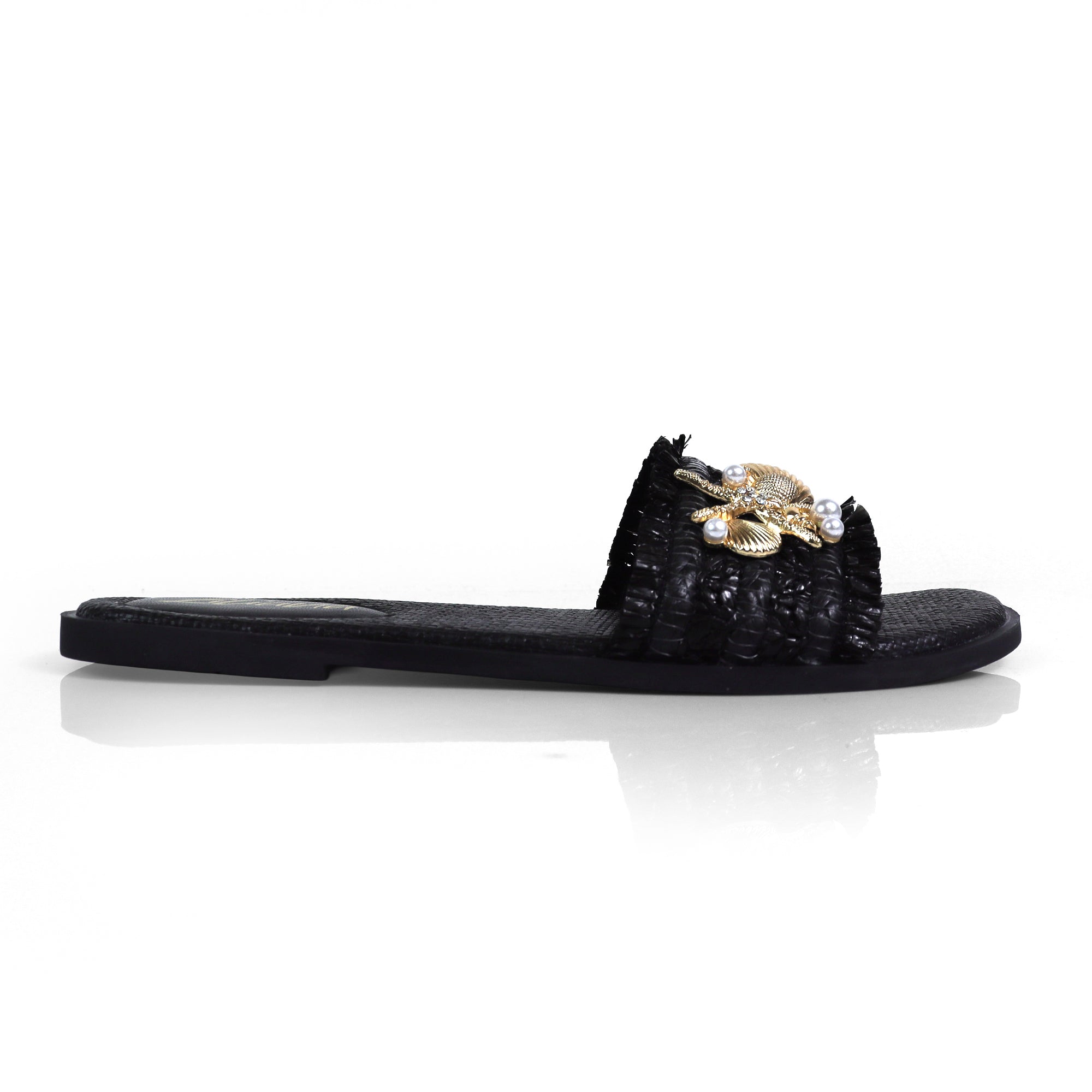 BICKLEY-31  SEA STAR PEARL OPEN TOE SLIDES BLACK