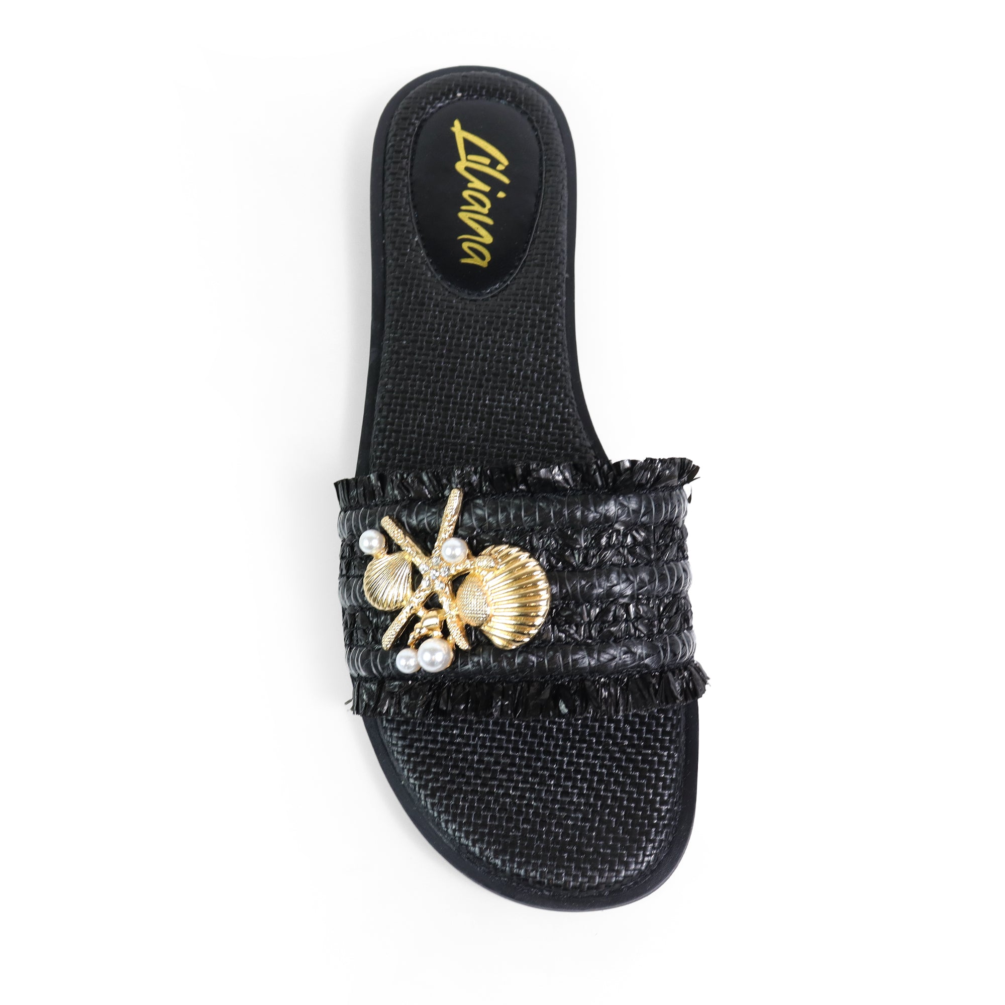 BICKLEY-31  SEA STAR PEARL OPEN TOE SLIDES BLACK