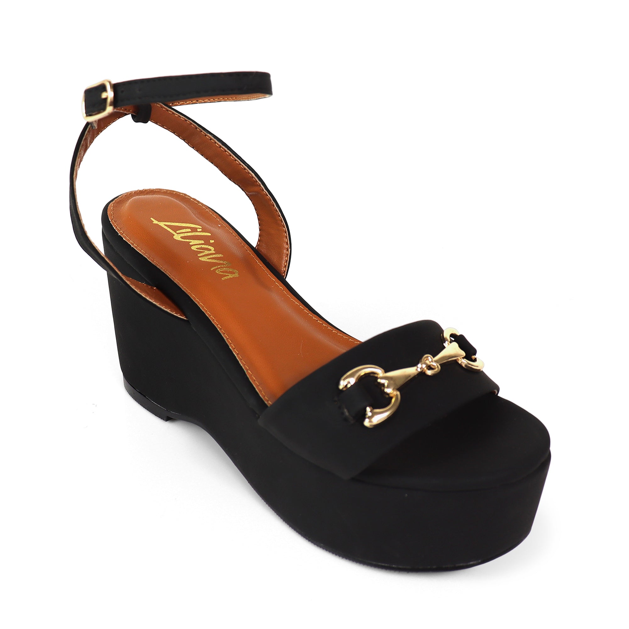 BINNA-1 OPEN TOE HORSEBIT ANCKLE STRAP SANDAL W/ WEDGE BLACK