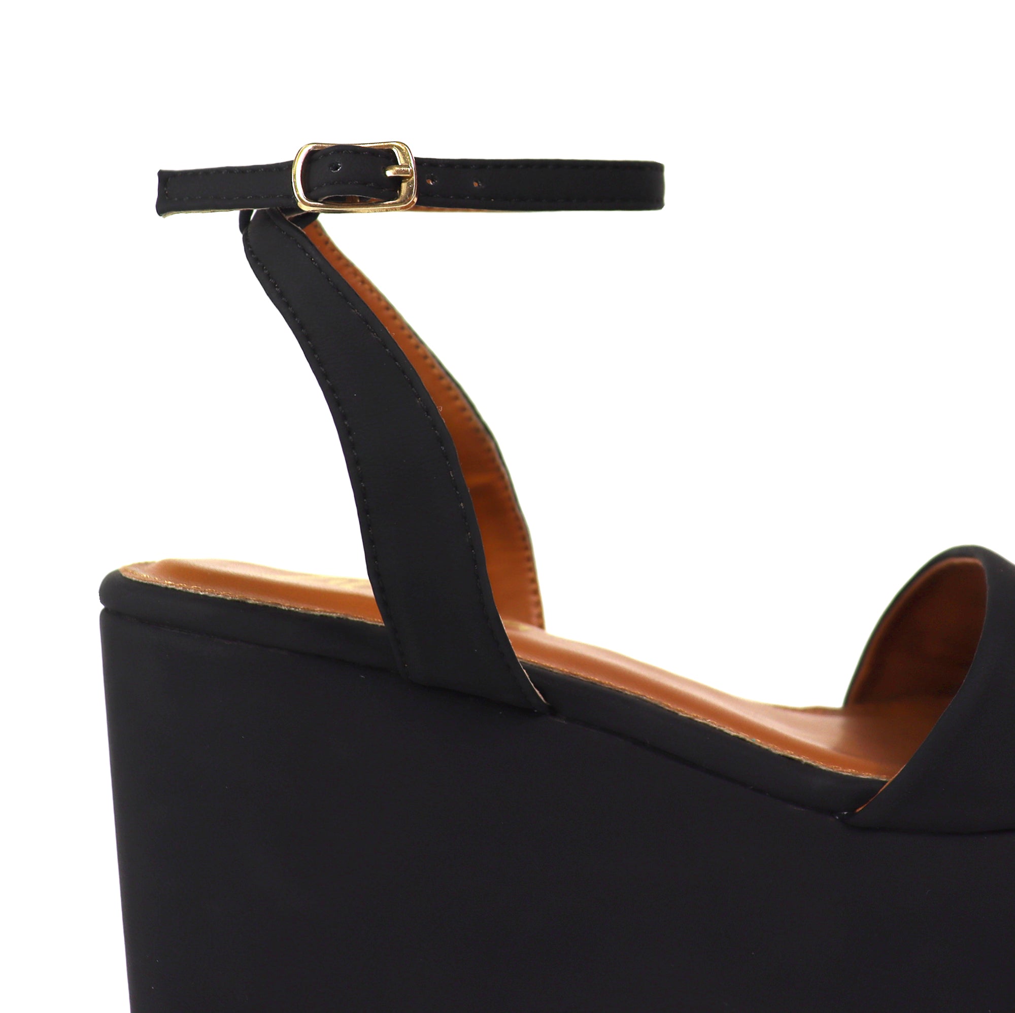 BINNA-1 OPEN TOE HORSEBIT ANCKLE STRAP SANDAL W/ WEDGE BLACK