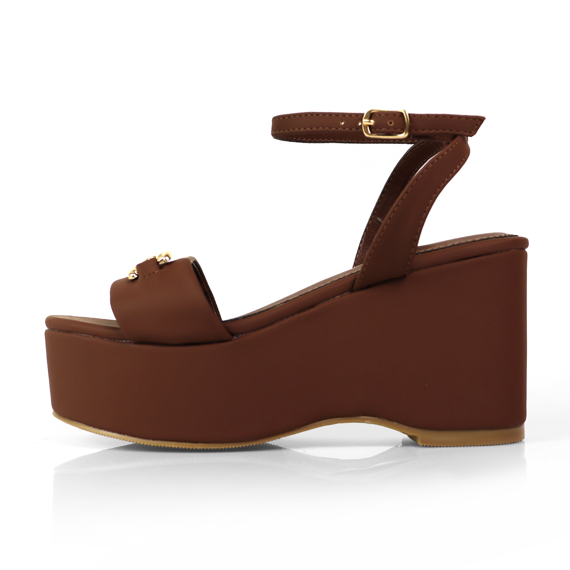 BINNA-1 OPEN TOE HORSEBIT ANCKLE STRAP SANDAL W/ WEDGE MOCHA