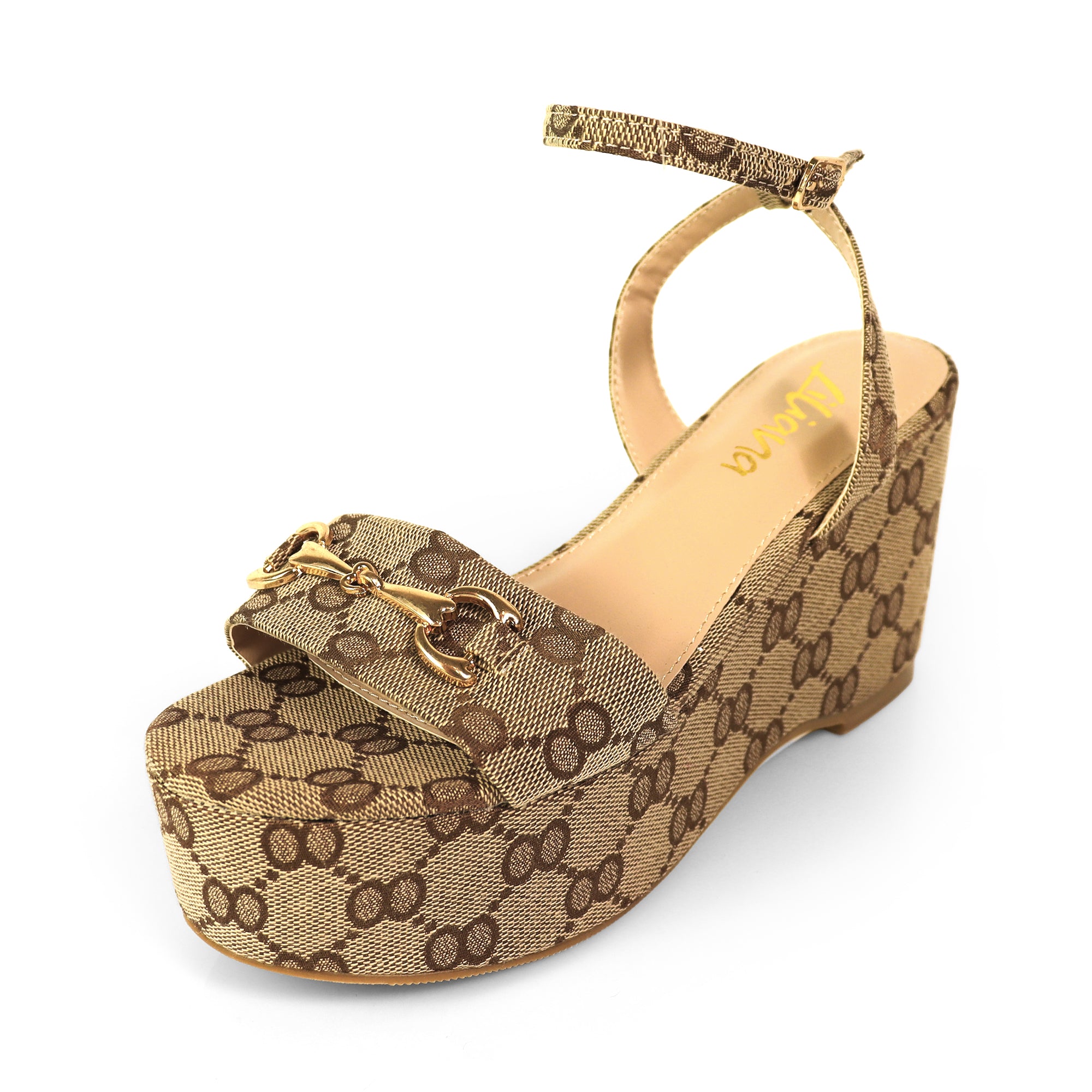 BINNA-1 OPEN TOE HORSEBIT ANCKLE STRAP SANDAL W/ WEDGE MONOGRAM