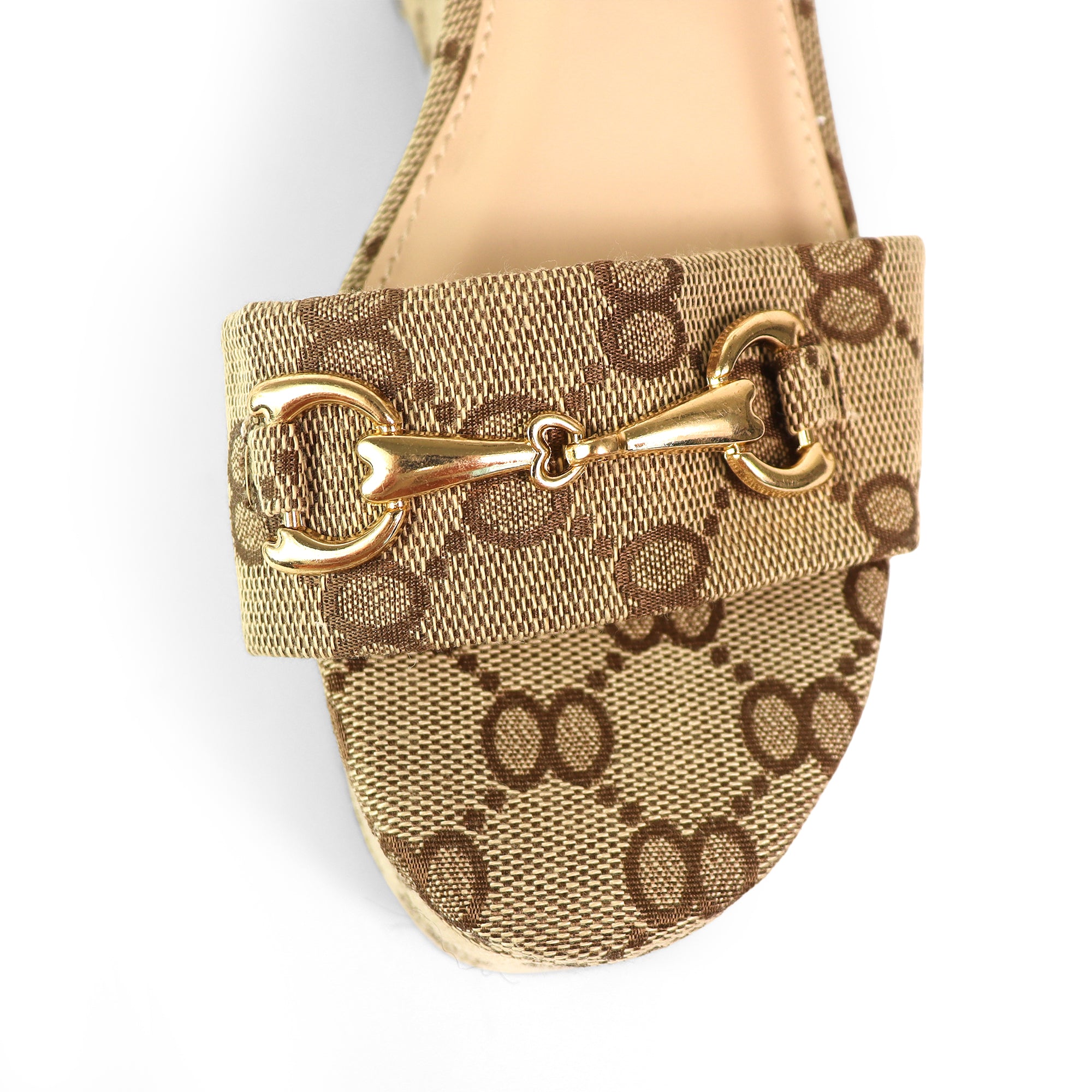 BINNA-1 OPEN TOE HORSEBIT ANCKLE STRAP SANDAL W/ WEDGE MONOGRAM