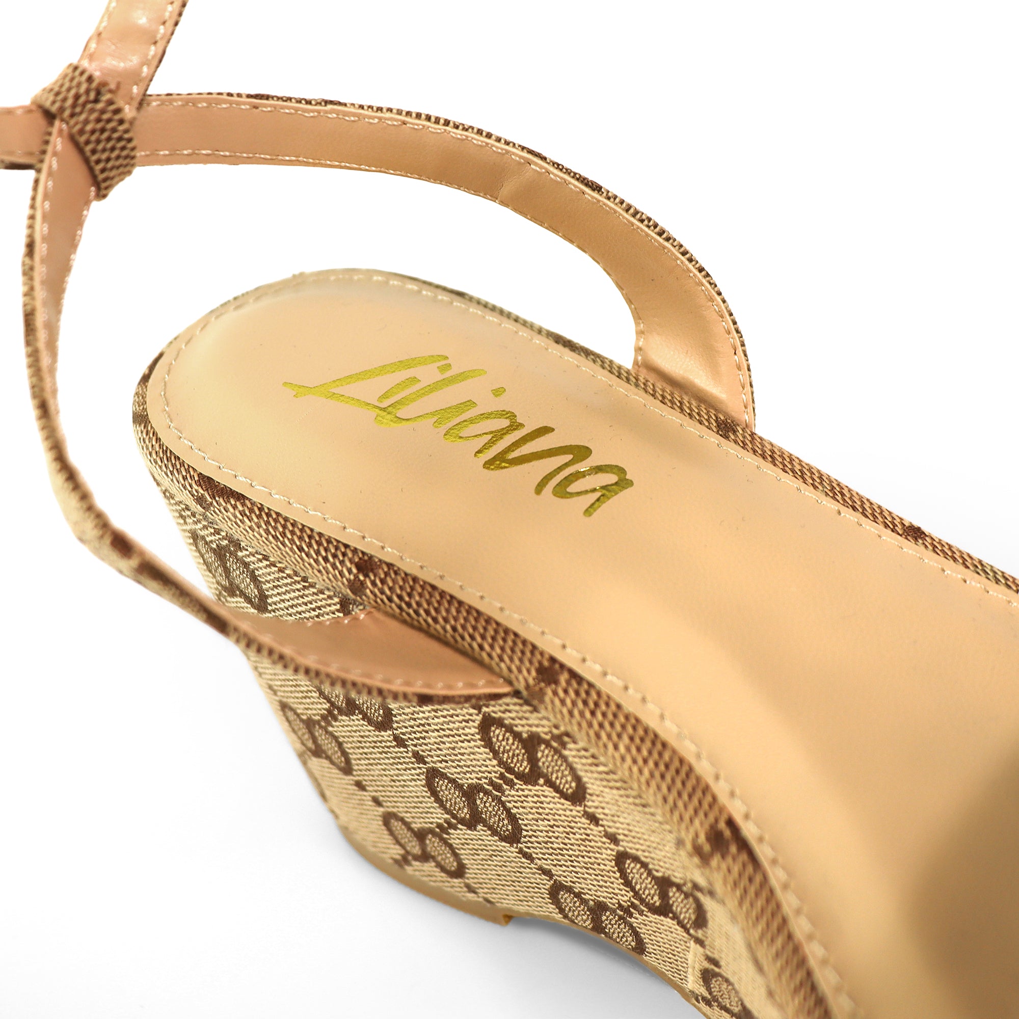 BINNA-1 OPEN TOE HORSEBIT ANCKLE STRAP SANDAL W/ WEDGE MONOGRAM