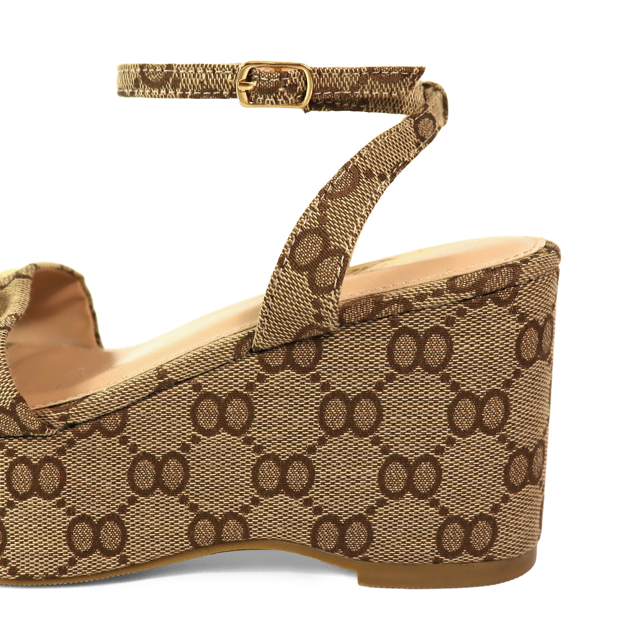 BINNA-1 OPEN TOE HORSEBIT ANCKLE STRAP SANDAL W/ WEDGE MONOGRAM