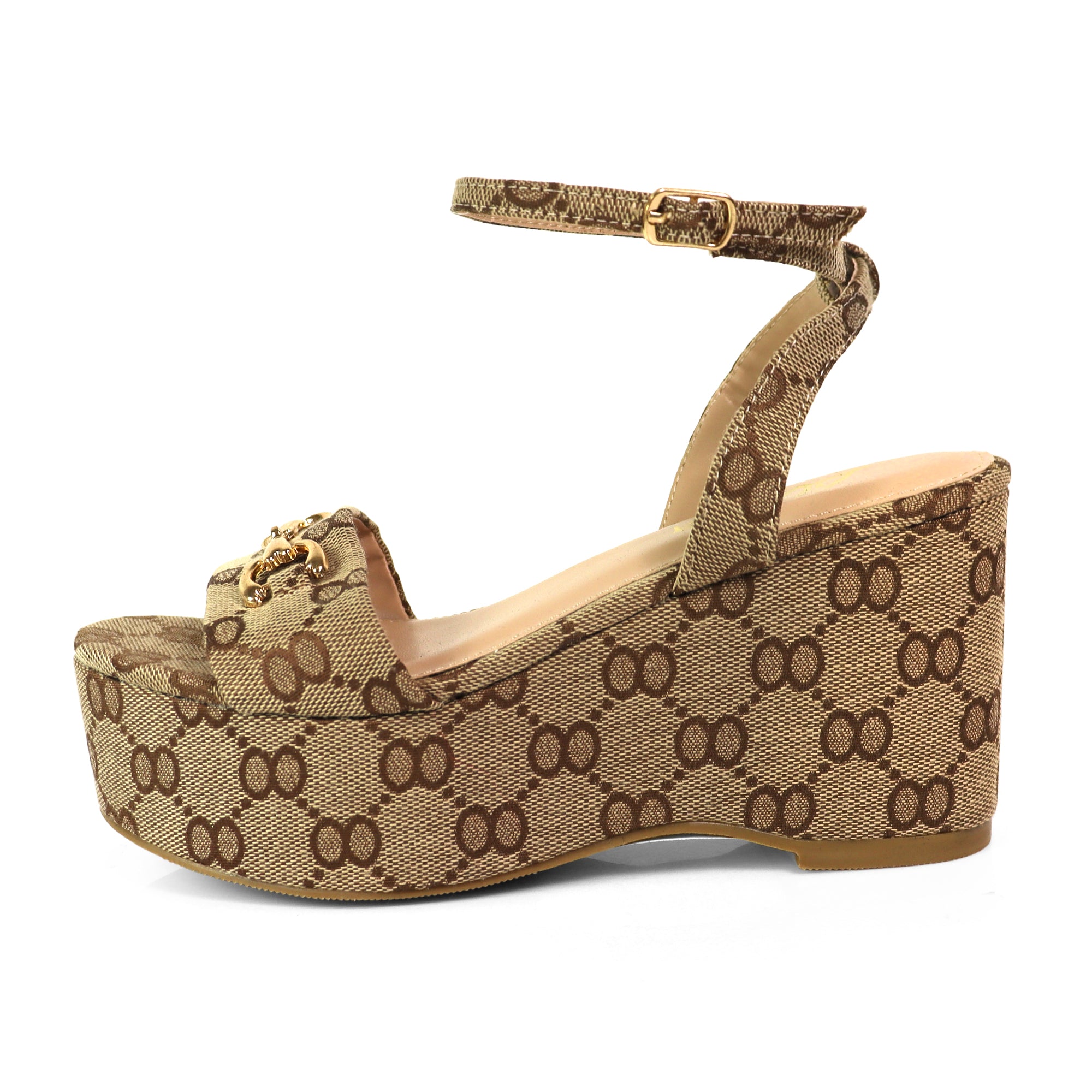 BINNA-1 OPEN TOE HORSEBIT ANCKLE STRAP SANDAL W/ WEDGE MONOGRAM