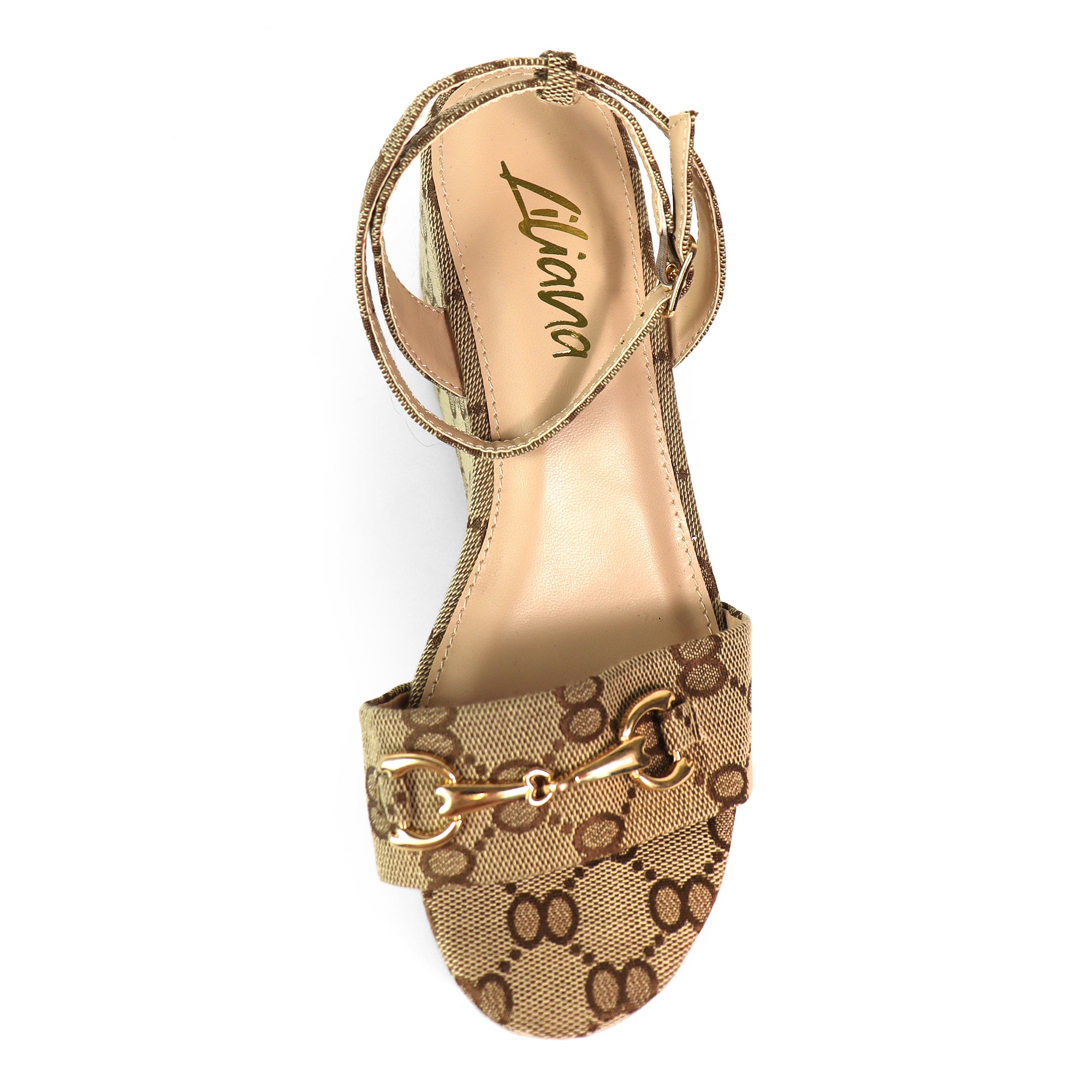 BINNA-1 OPEN TOE HORSEBIT ANCKLE STRAP SANDAL W/ WEDGE MONOGRAM