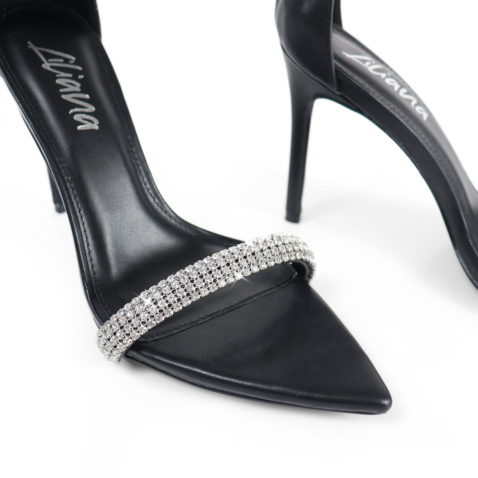 BLAKE-11 POINTED TOE RHINESTONE DUO STRAP HEEL W/ SINGLE SOLE BLACK