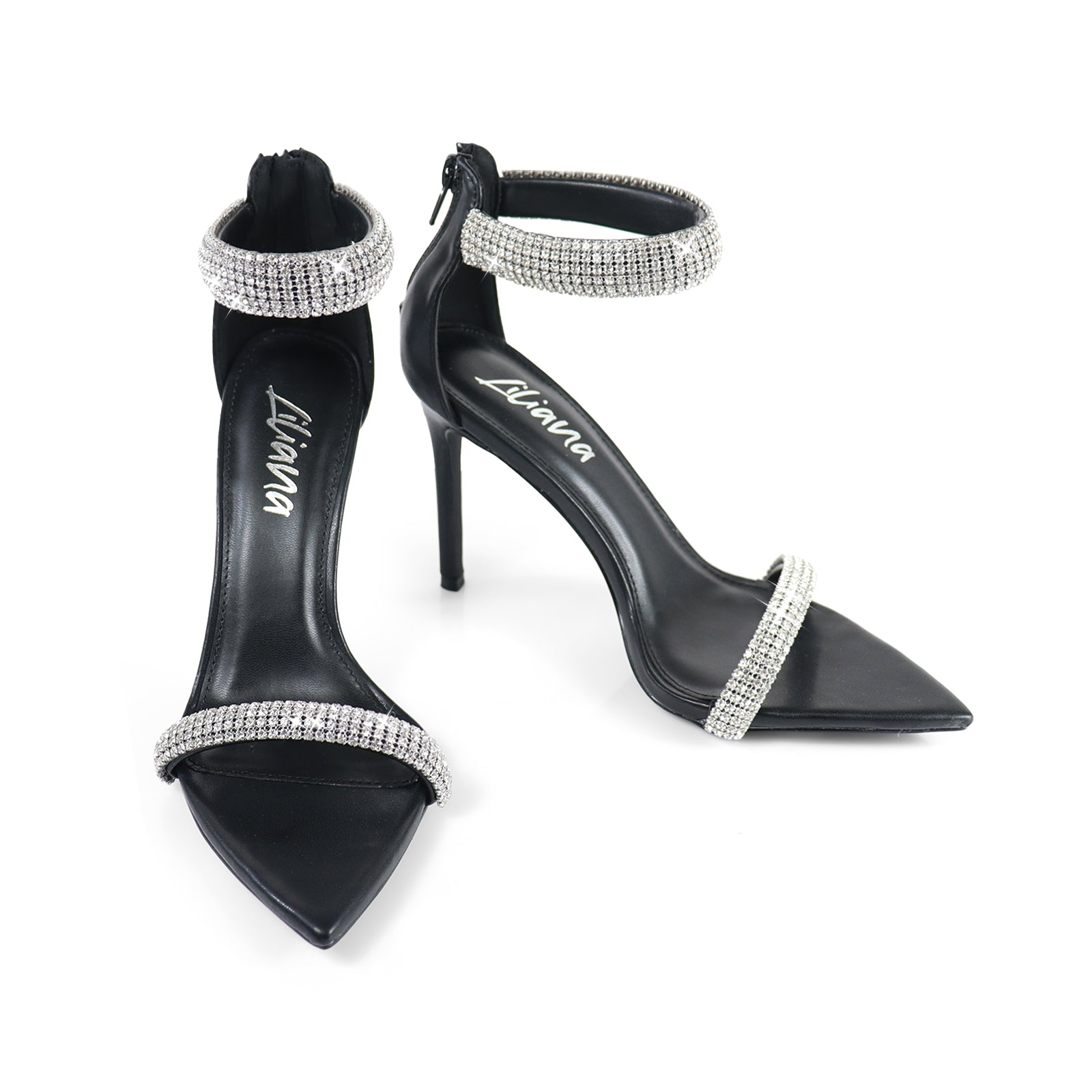 BLAKE-11 POINTED TOE RHINESTONE DUO STRAP HEEL W/ SINGLE SOLE BLACK