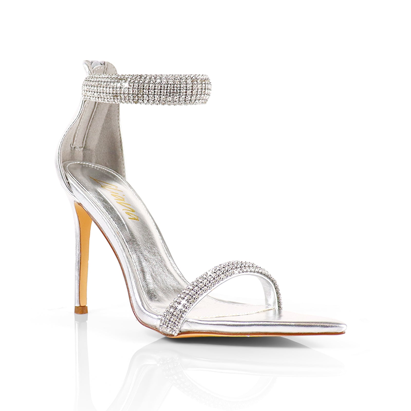 BLAKE-11 POINTED TOE RHINESTONE DUO STRAP HEEL W/ SINGLE SOLE SILVER