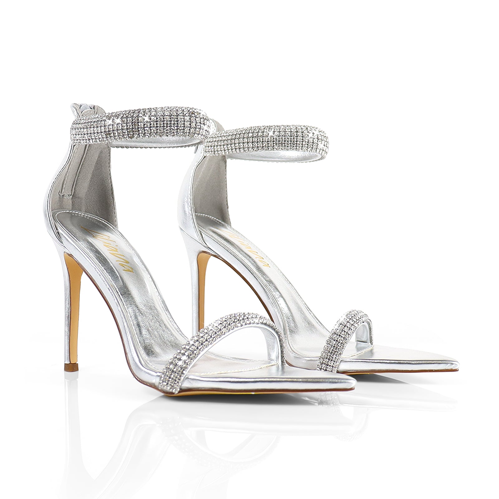 BLAKE-11 POINTED TOE RHINESTONE DUO STRAP HEEL W/ SINGLE SOLE SILVER