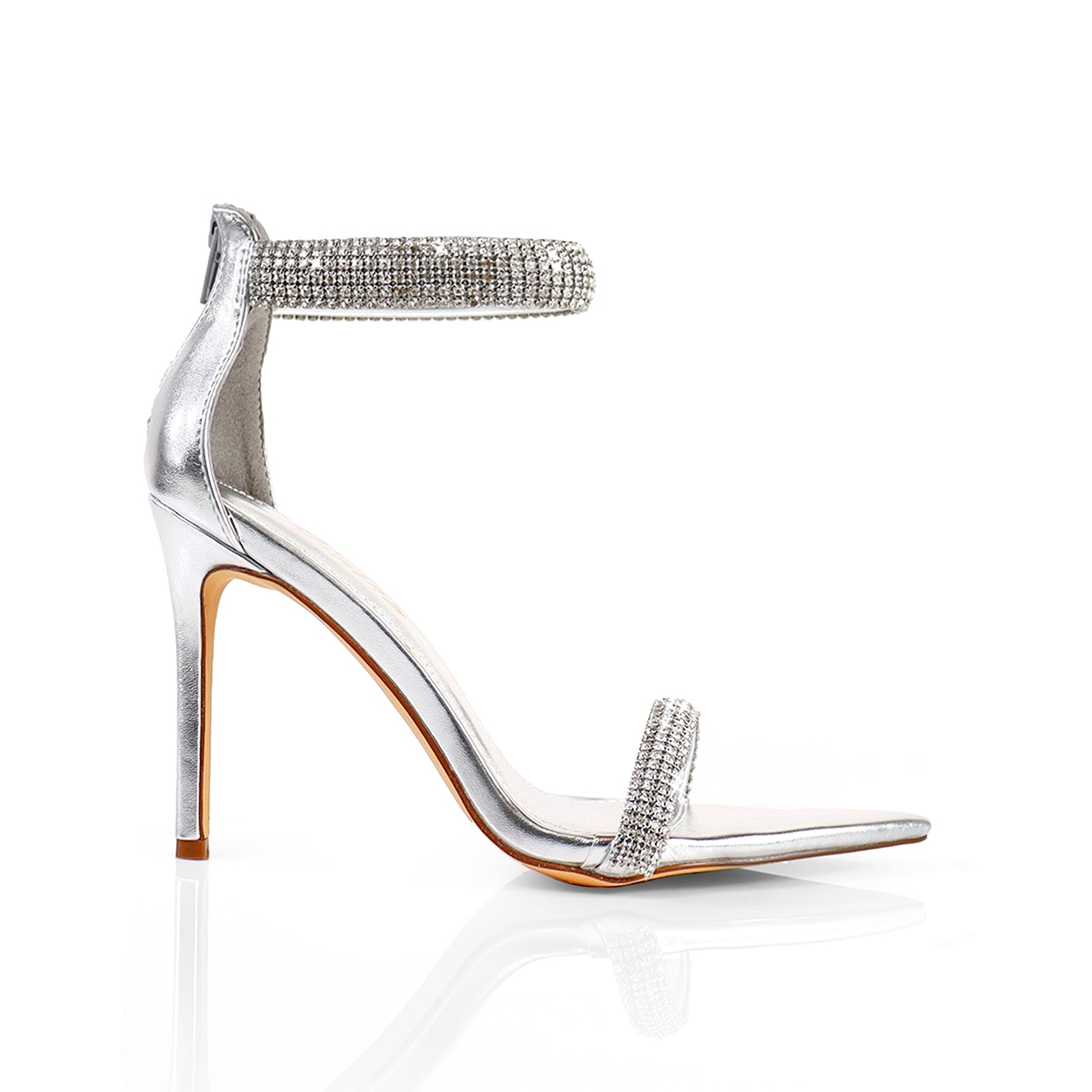 BLAKE-11 POINTED TOE RHINESTONE DUO STRAP HEEL W/ SINGLE SOLE SILVER