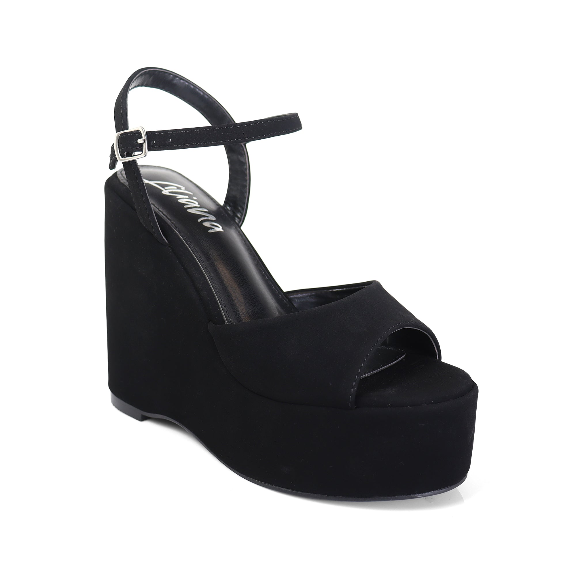 BRATTY-1 PEEP TOE ANKLE STRAP WEDGE BLACK