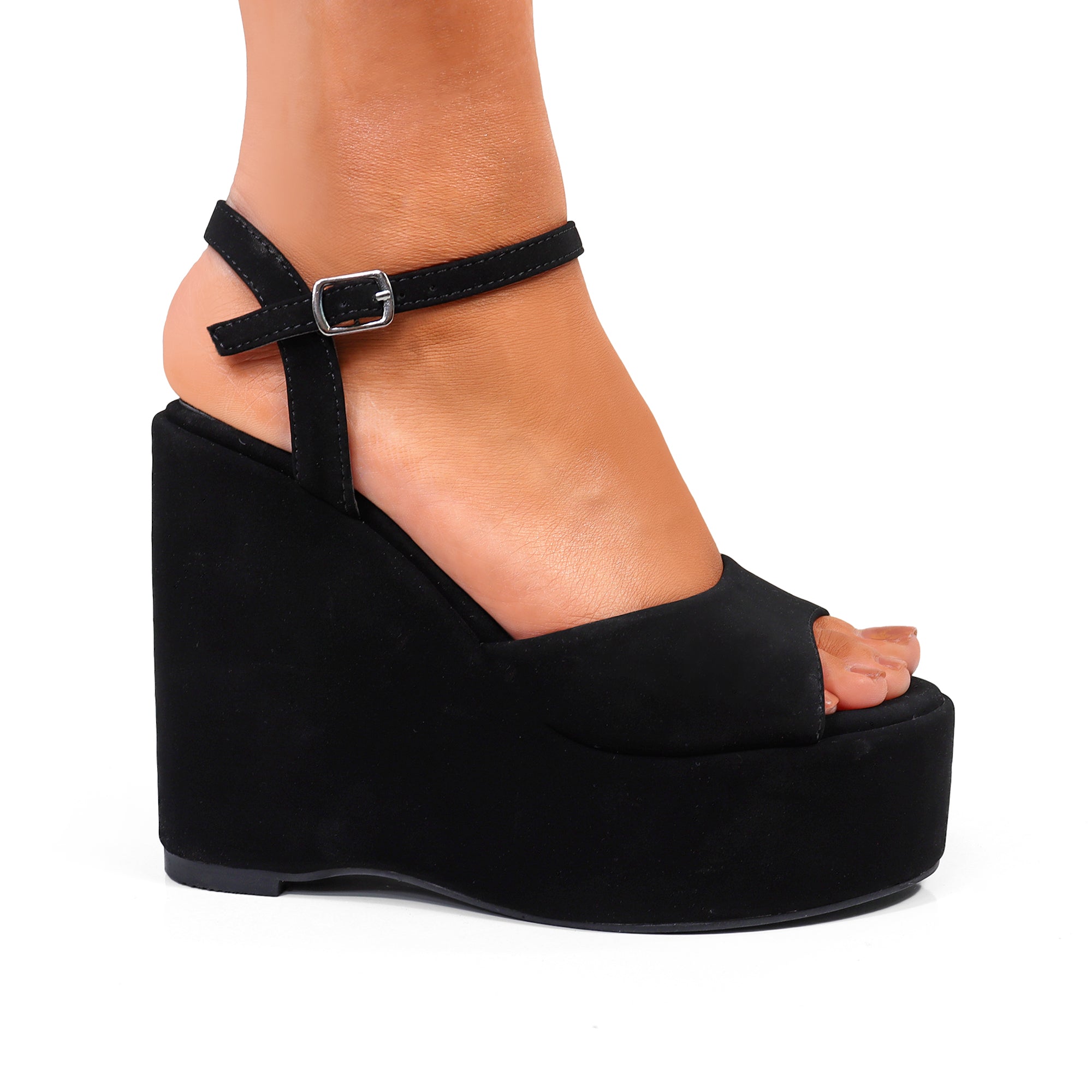 BRATTY-1 PEEP TOE ANKLE STRAP WEDGE BLACK