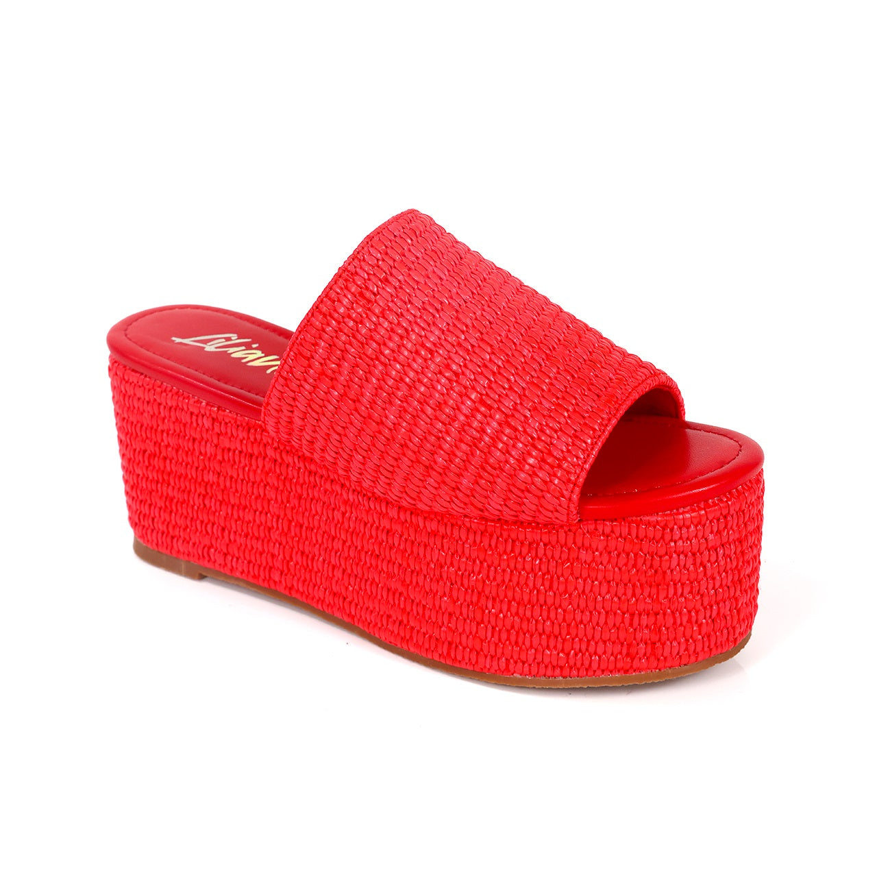 BUDZA-6 RAFFIA PLATFORM SLIDES WEDGE-RED