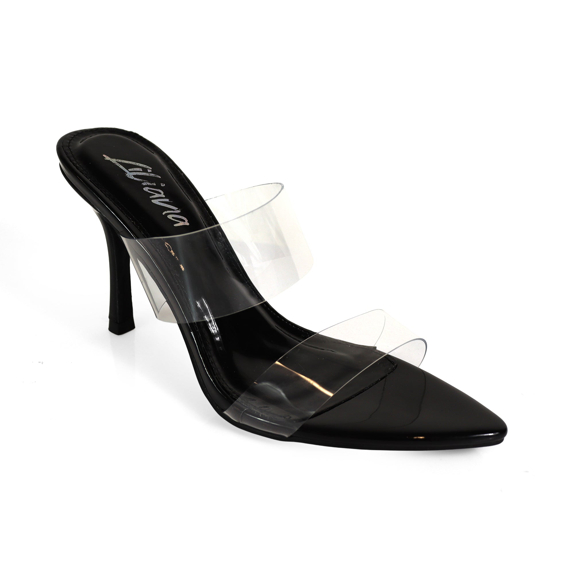 CAMELIA-8 POINTED TOE TRANSPARENT DUO MULES W/ ELEGANT HEEL BLACK