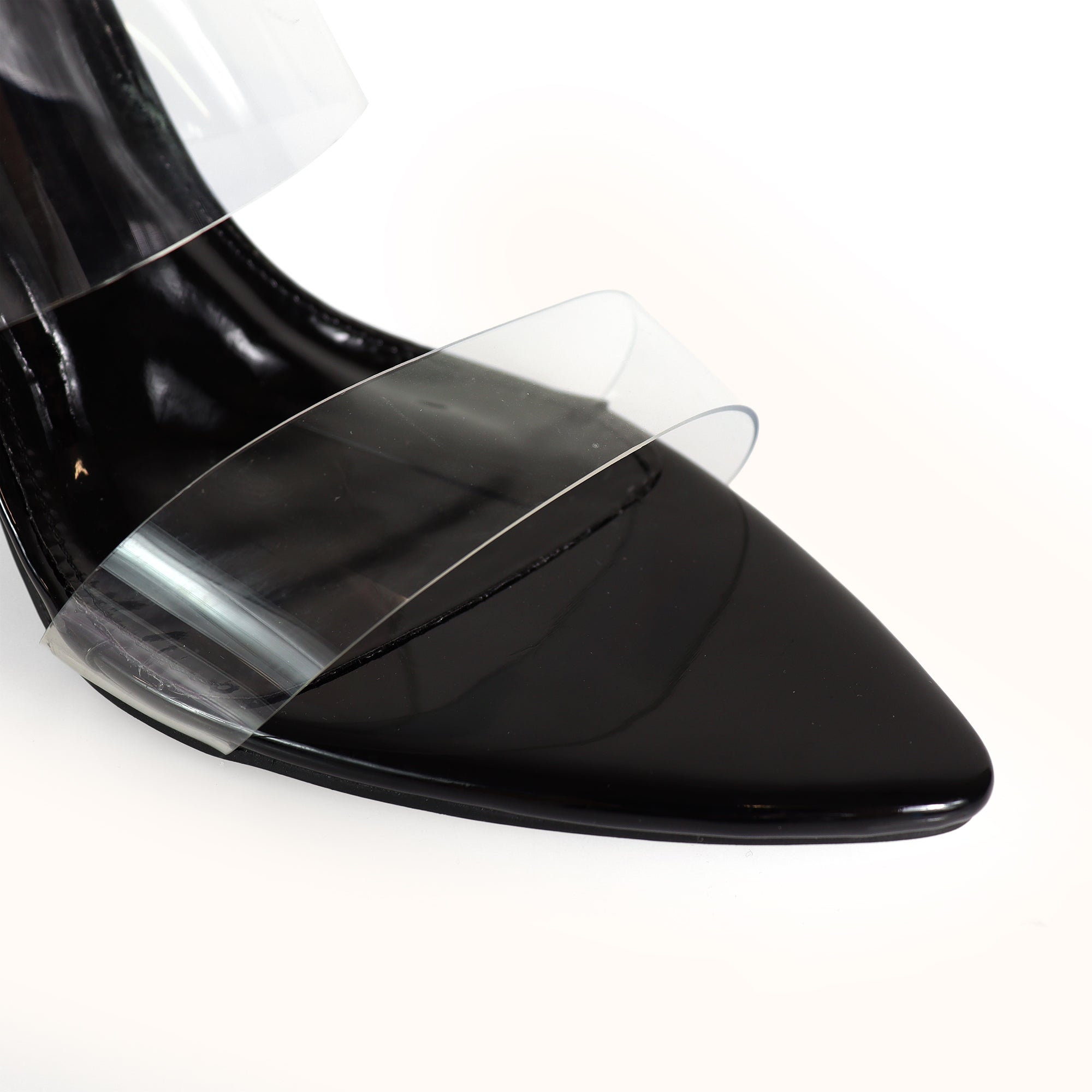 CAMELIA-8 POINTED TOE TRANSPARENT DUO MULES W/ ELEGANT HEEL BLACK