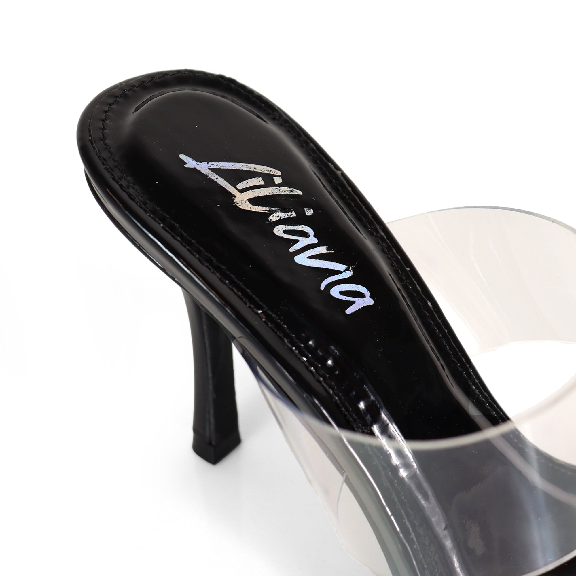 CAMELIA-8 POINTED TOE TRANSPARENT DUO MULES W/ ELEGANT HEEL BLACK