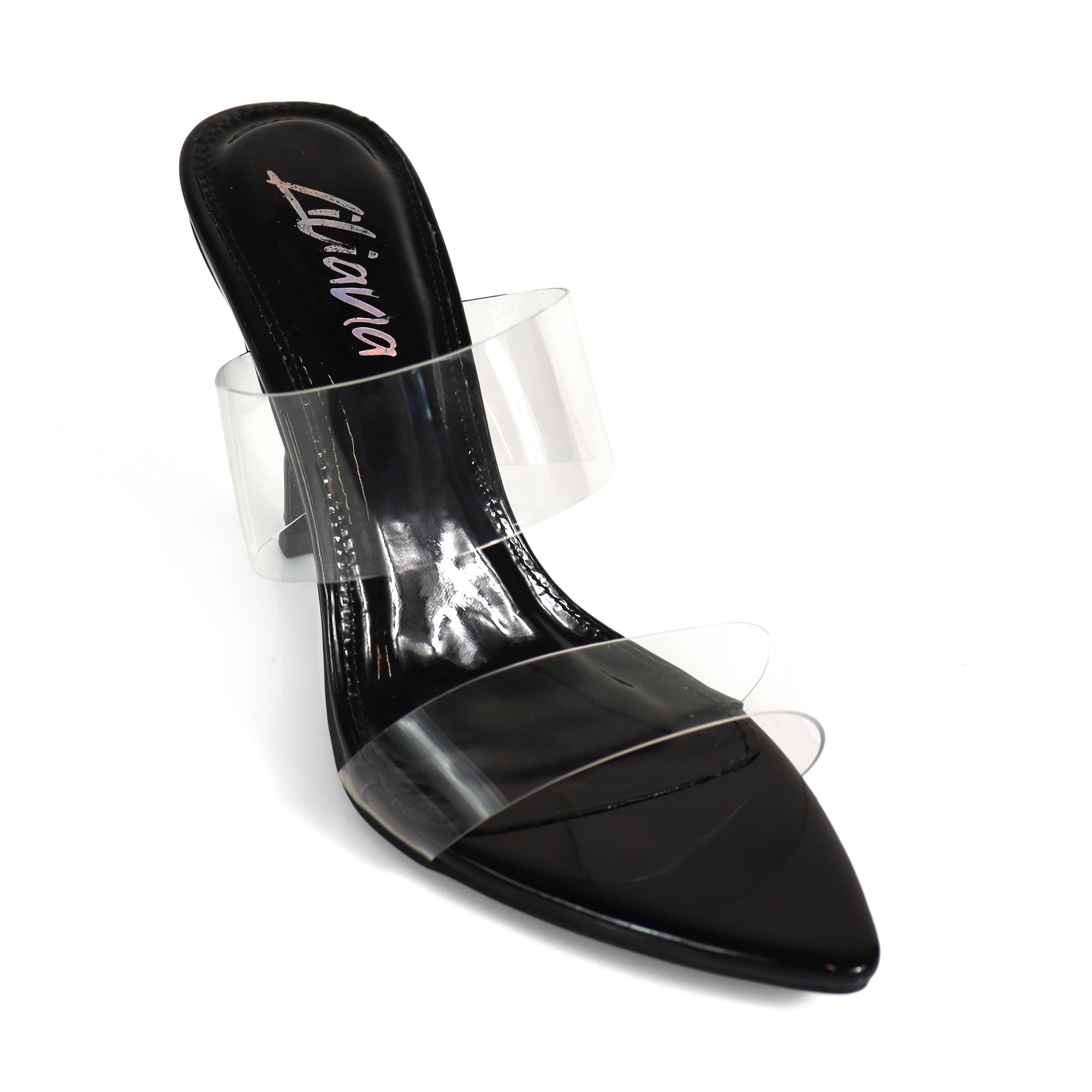 CAMELIA-8 POINTED TOE TRANSPARENT DUO MULES W/ ELEGANT HEEL BLACK