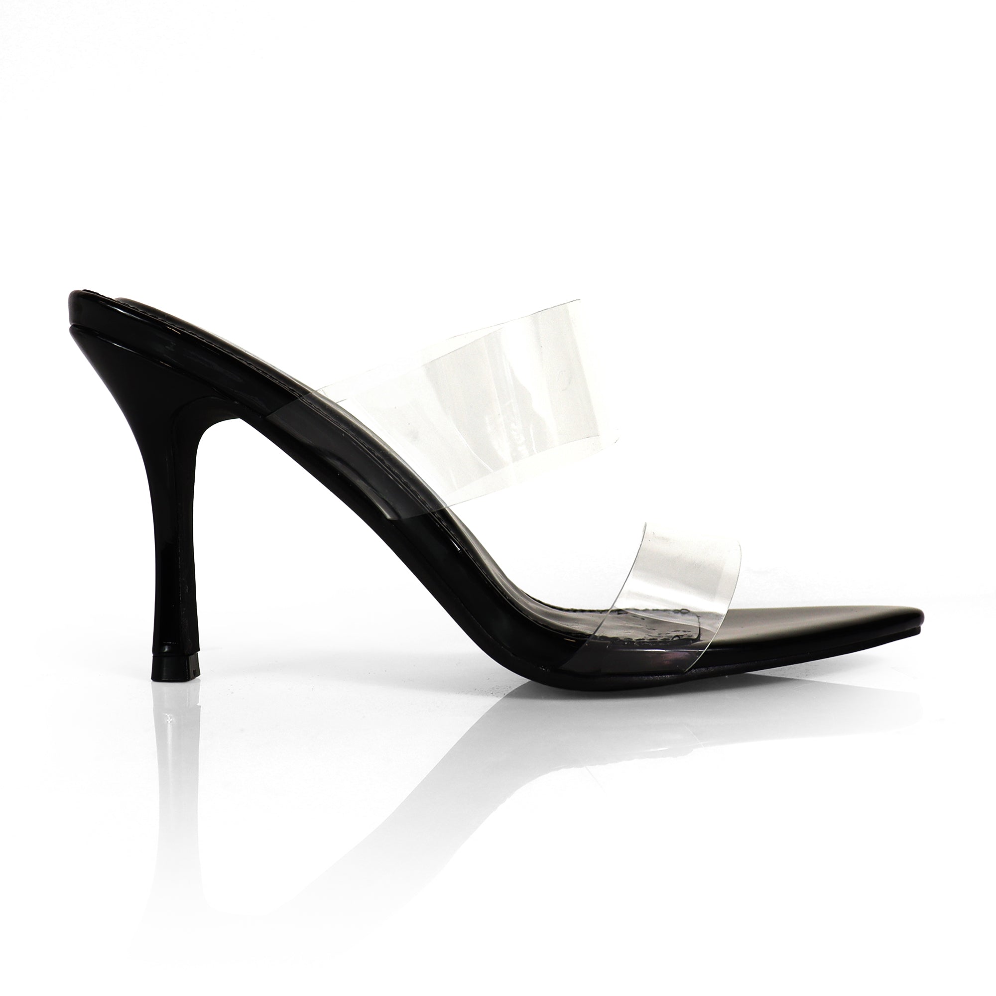 CAMELIA-8 POINTED TOE TRANSPARENT DUO MULES W/ ELEGANT HEEL BLACK