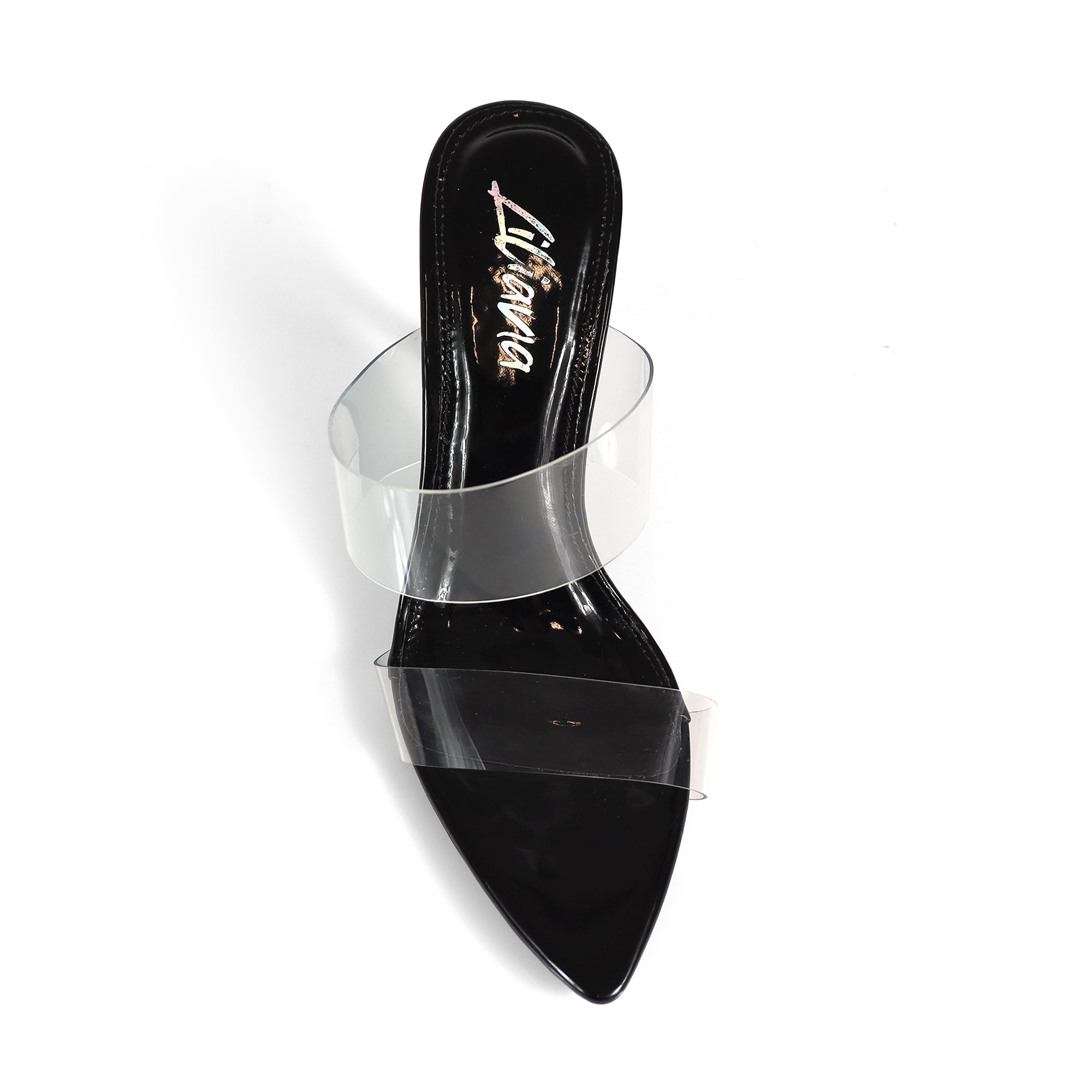 CAMELIA-8 POINTED TOE TRANSPARENT DUO MULES W/ ELEGANT HEEL BLACK