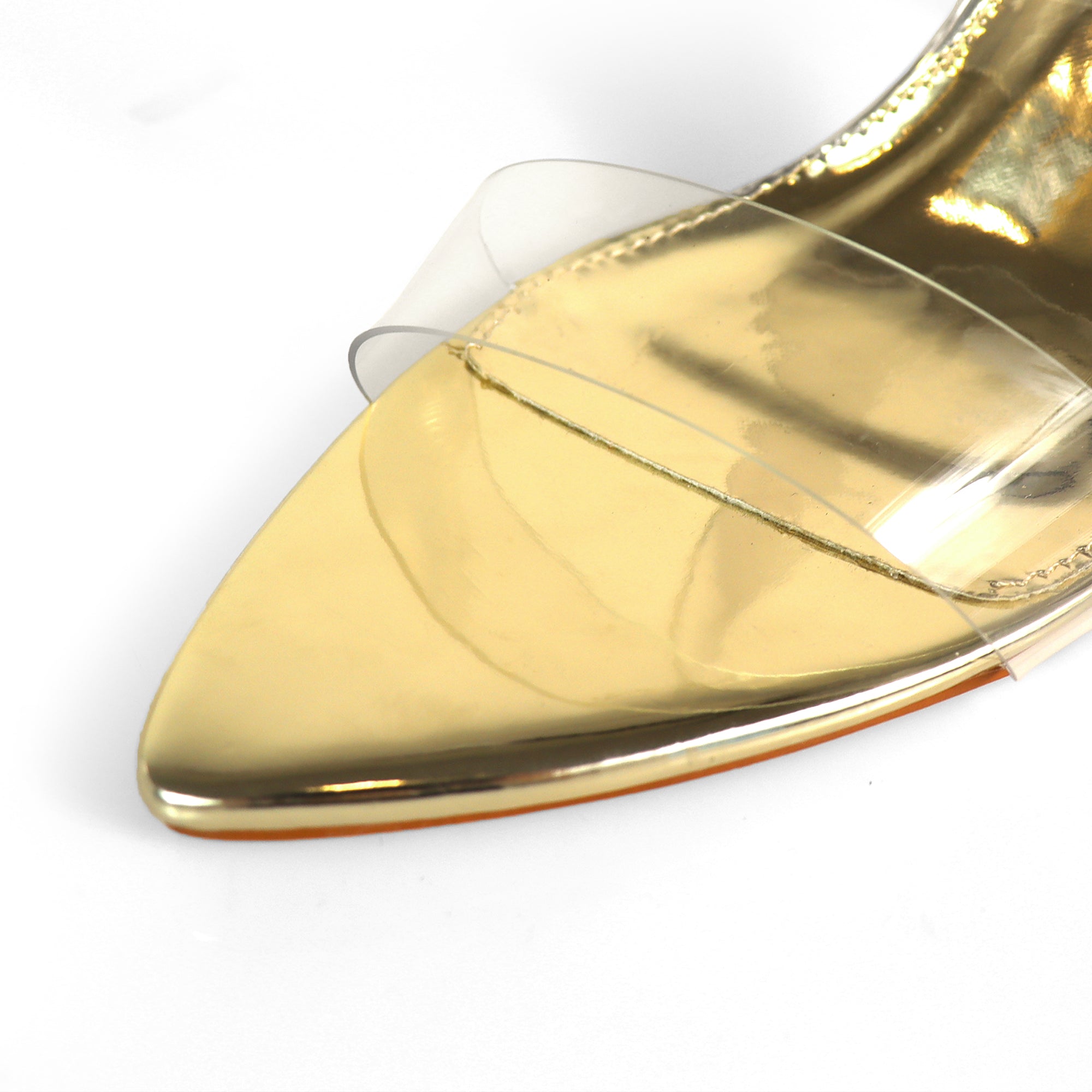 CAMELIA-8 POINTED TOE TRANSPARENT DUO MULES W/ ELEGANT HEEL GOLD