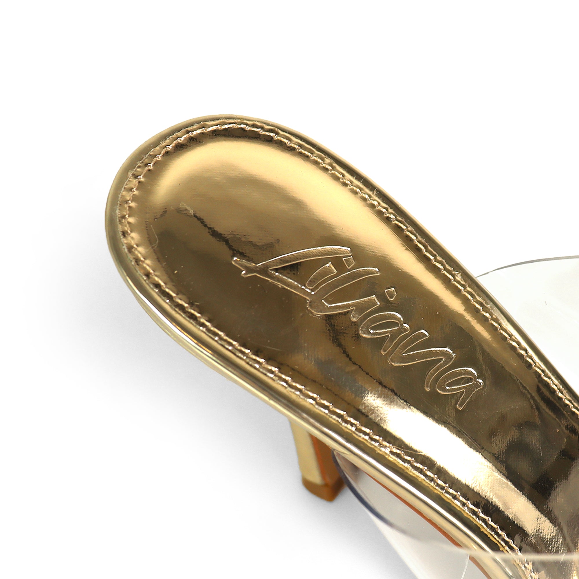 CAMELIA-8 POINTED TOE TRANSPARENT DUO MULES W/ ELEGANT HEEL GOLD