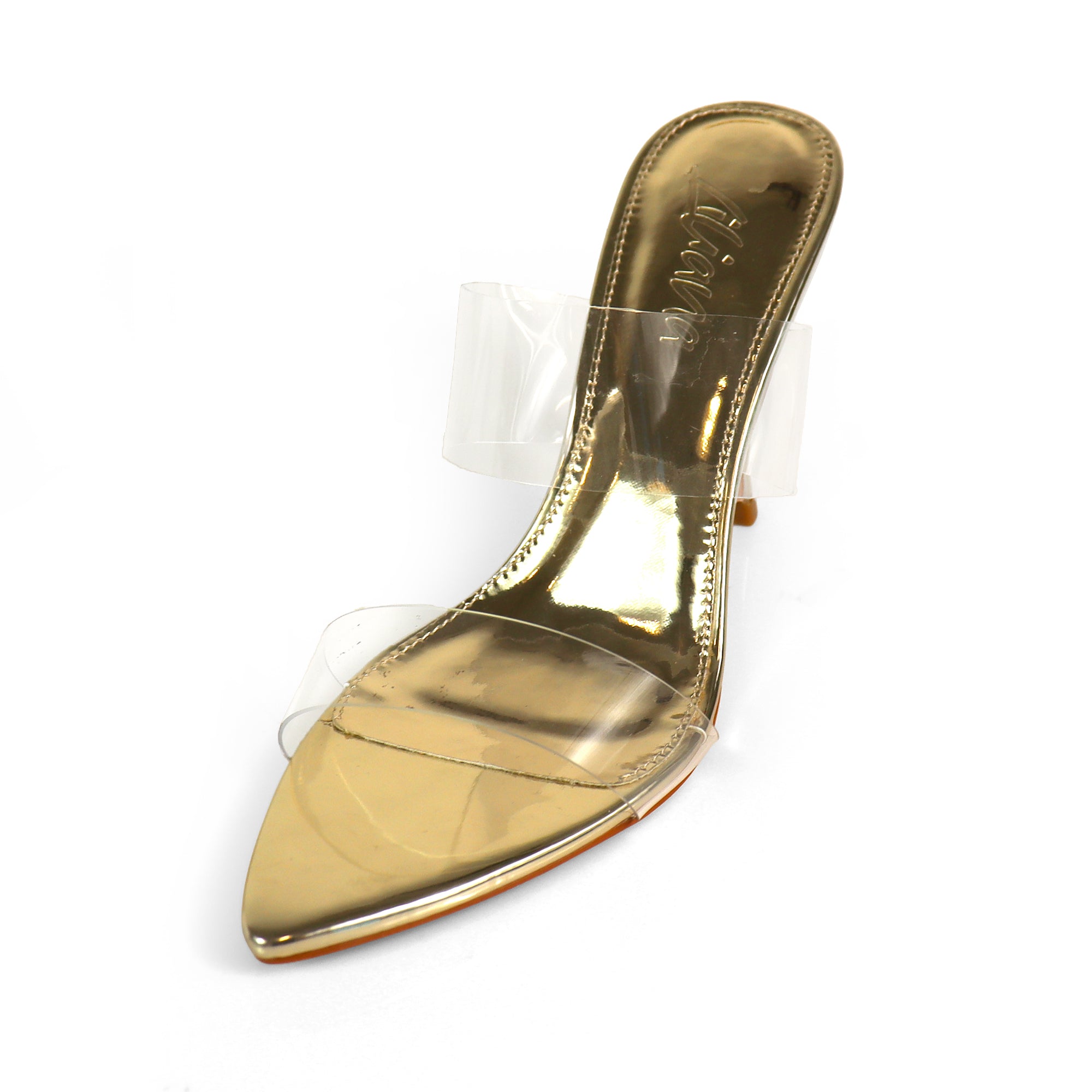 CAMELIA-8 POINTED TOE TRANSPARENT DUO MULES W/ ELEGANT HEEL GOLD